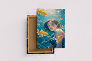 ai creation, girl swimming in the sea with goldfish, ai art, art, kanvas tablo