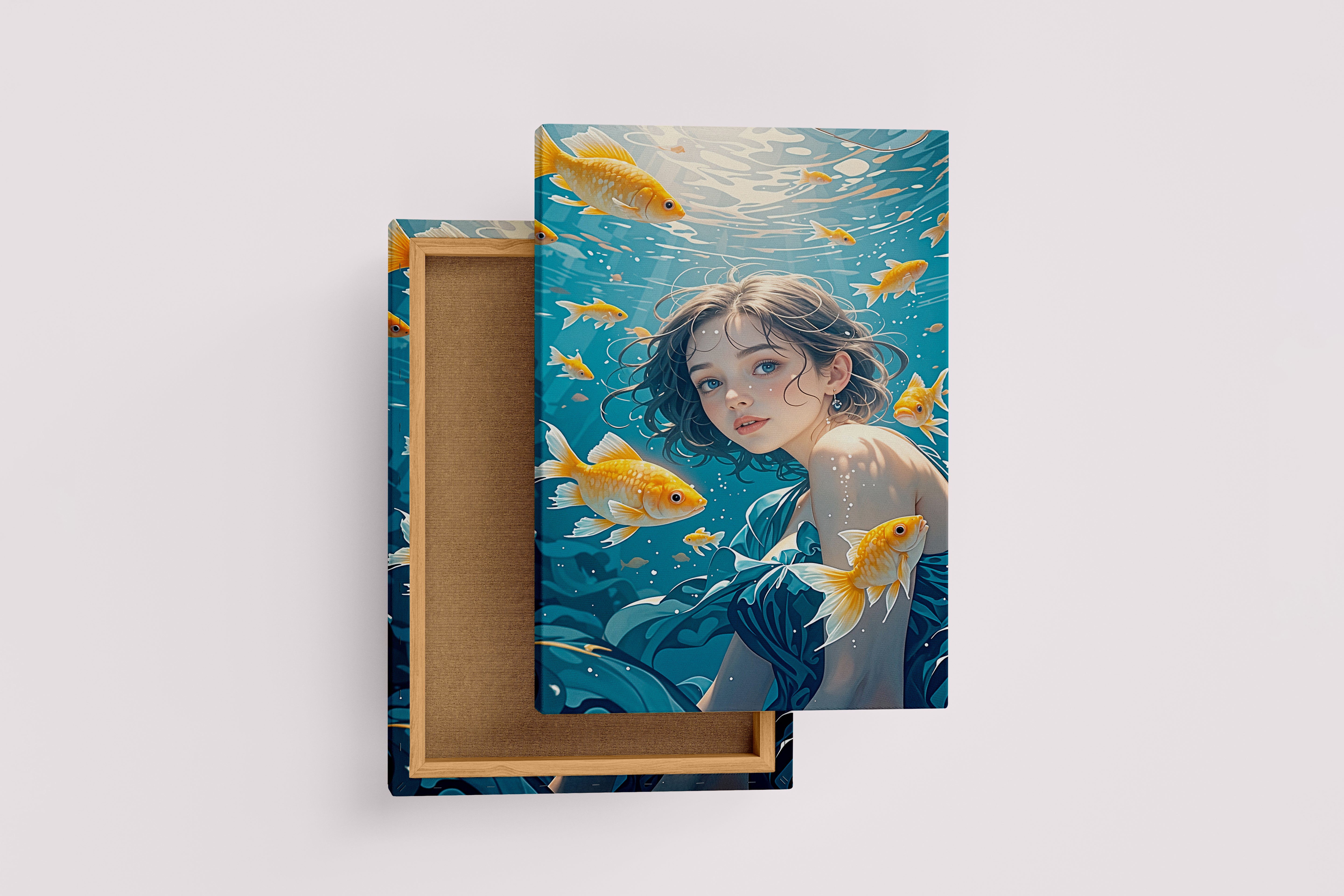 ai creation, girl swimming in the sea with goldfish, ai art, art, kanvas tablo