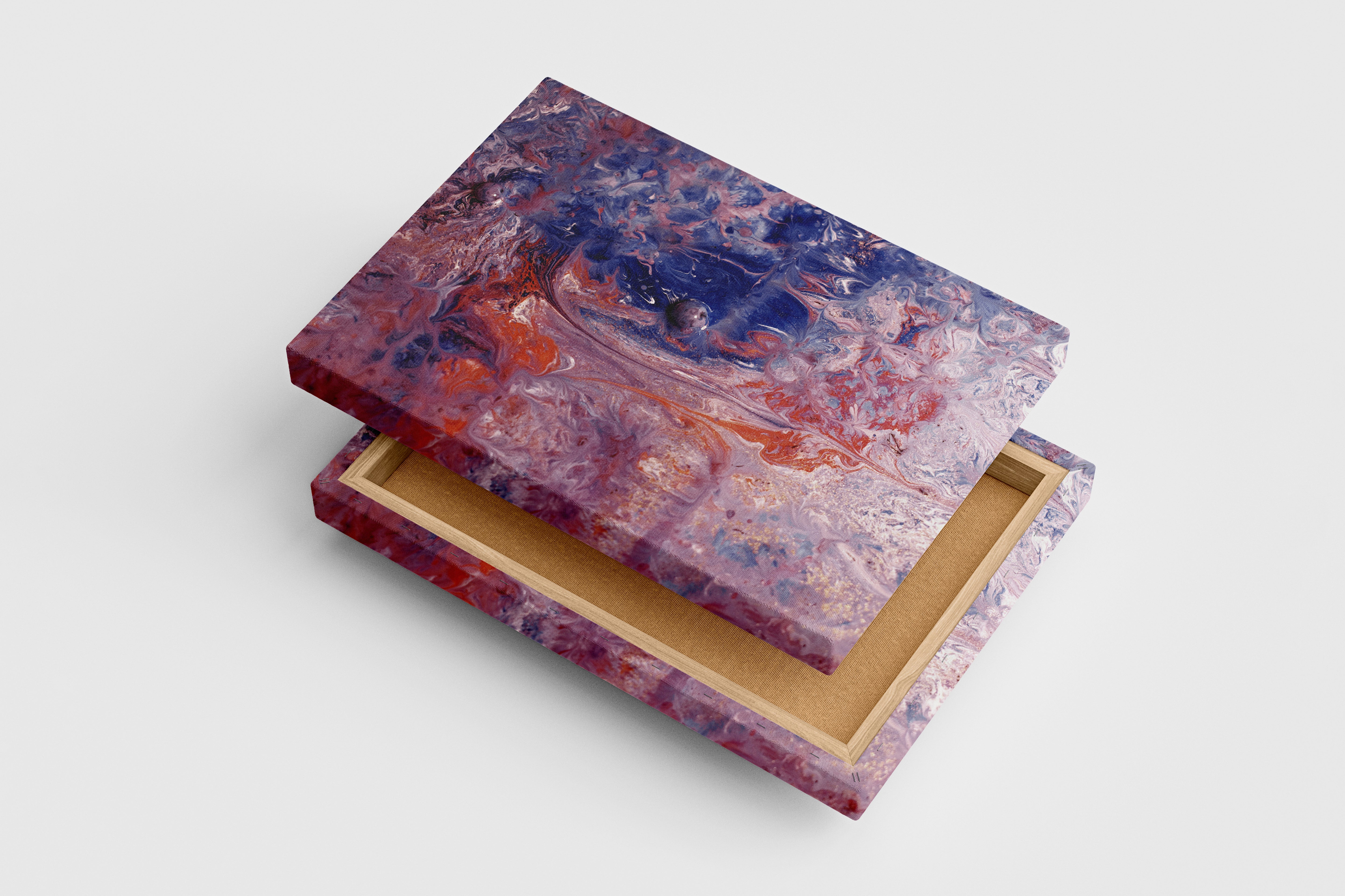 a detailed and complex fluid art painting with pink, blue, and sparkling red colors, abstract, art, kanvas tablo