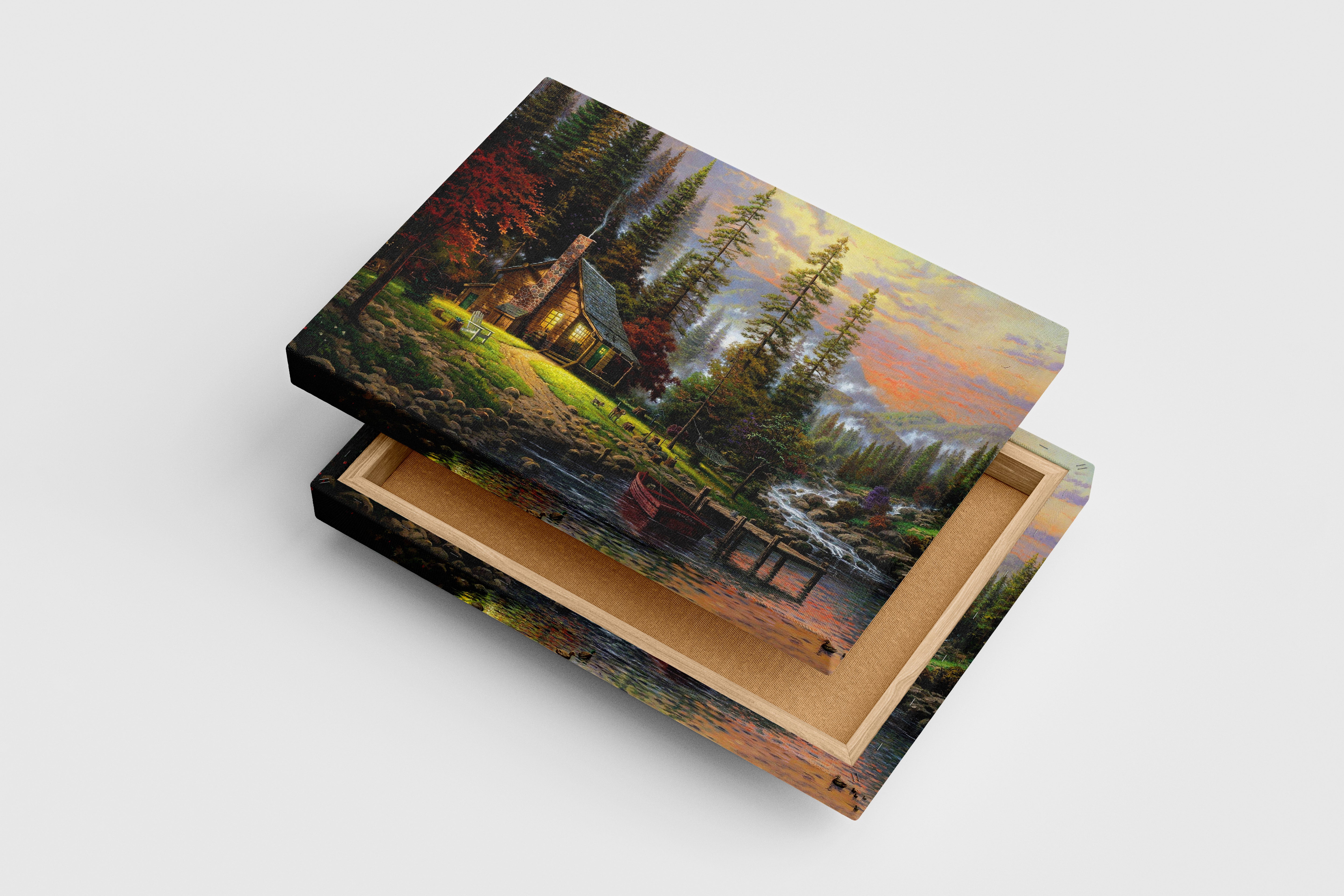 a cozy log cabin glowing by a peaceful river in a mountain forest, view, art, kanvas tablo