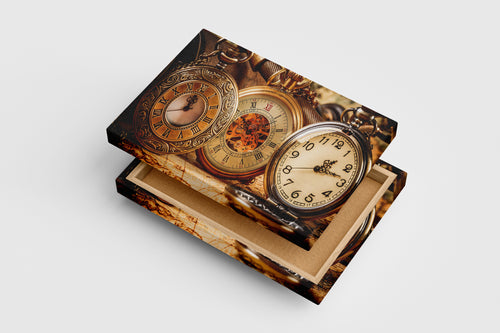 a still life of ornate, vintage pocket watches on an old world map, art, kanvas tablo