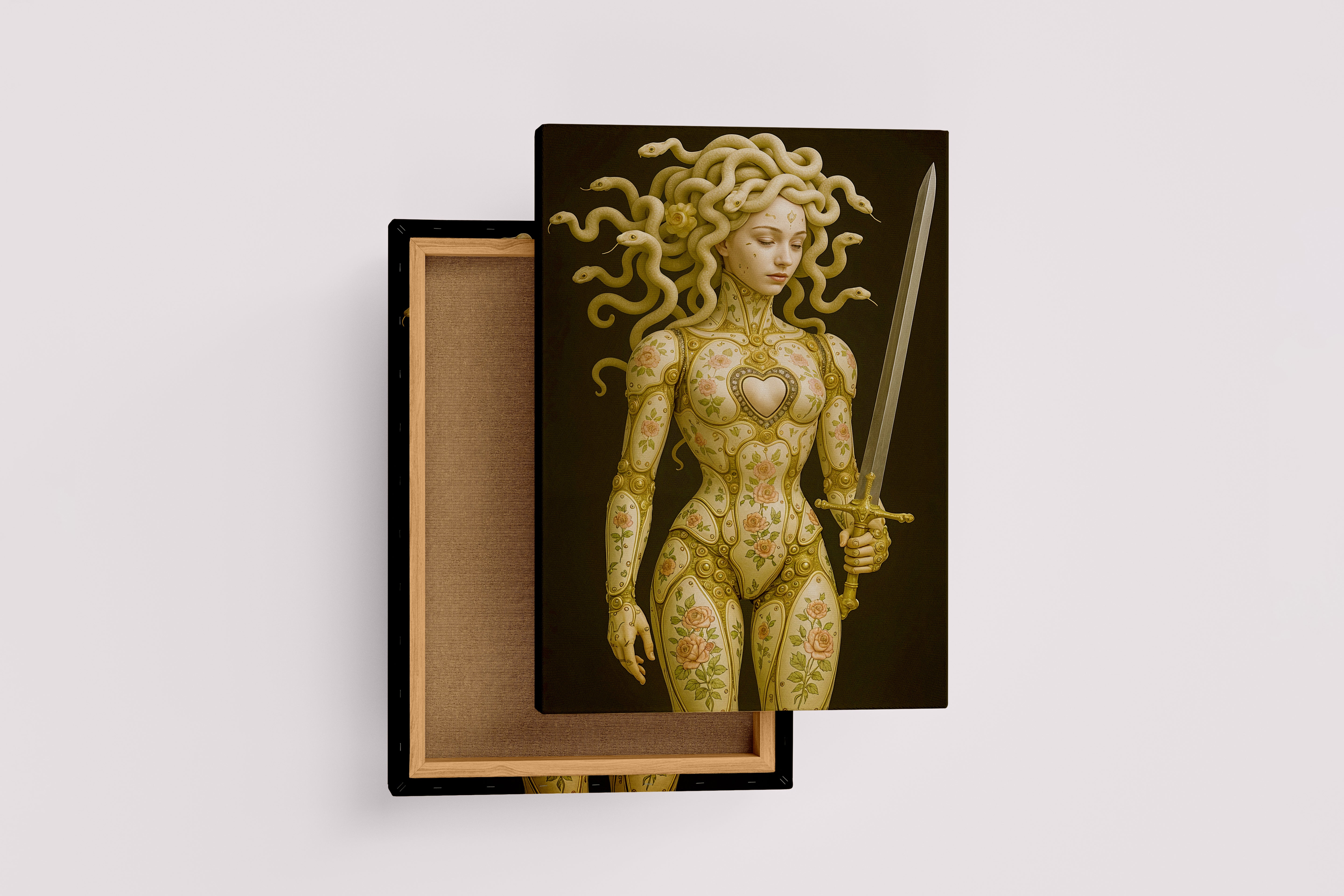 ai creation, a clockwork medusa with a floral porcelain body holding a golden sword, ai art, art, kanvas tablo