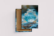 ai creation, frog leaning on snow globe, winter themed, ai art, art, kanvas tablo