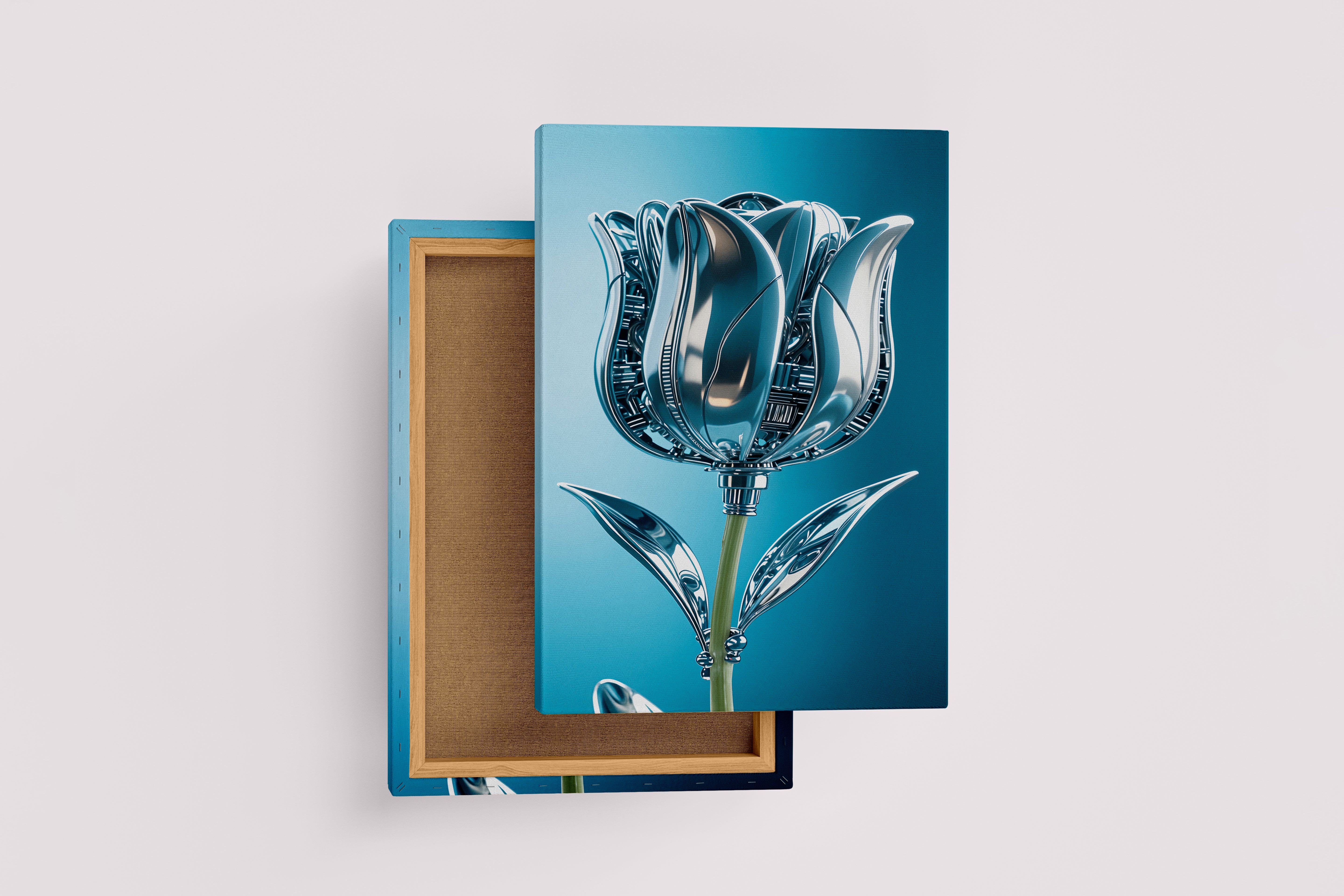 ai creation, the rose and its leaves are made of silver, in muted blue tones model 1, ai art, art, kanvas tablo