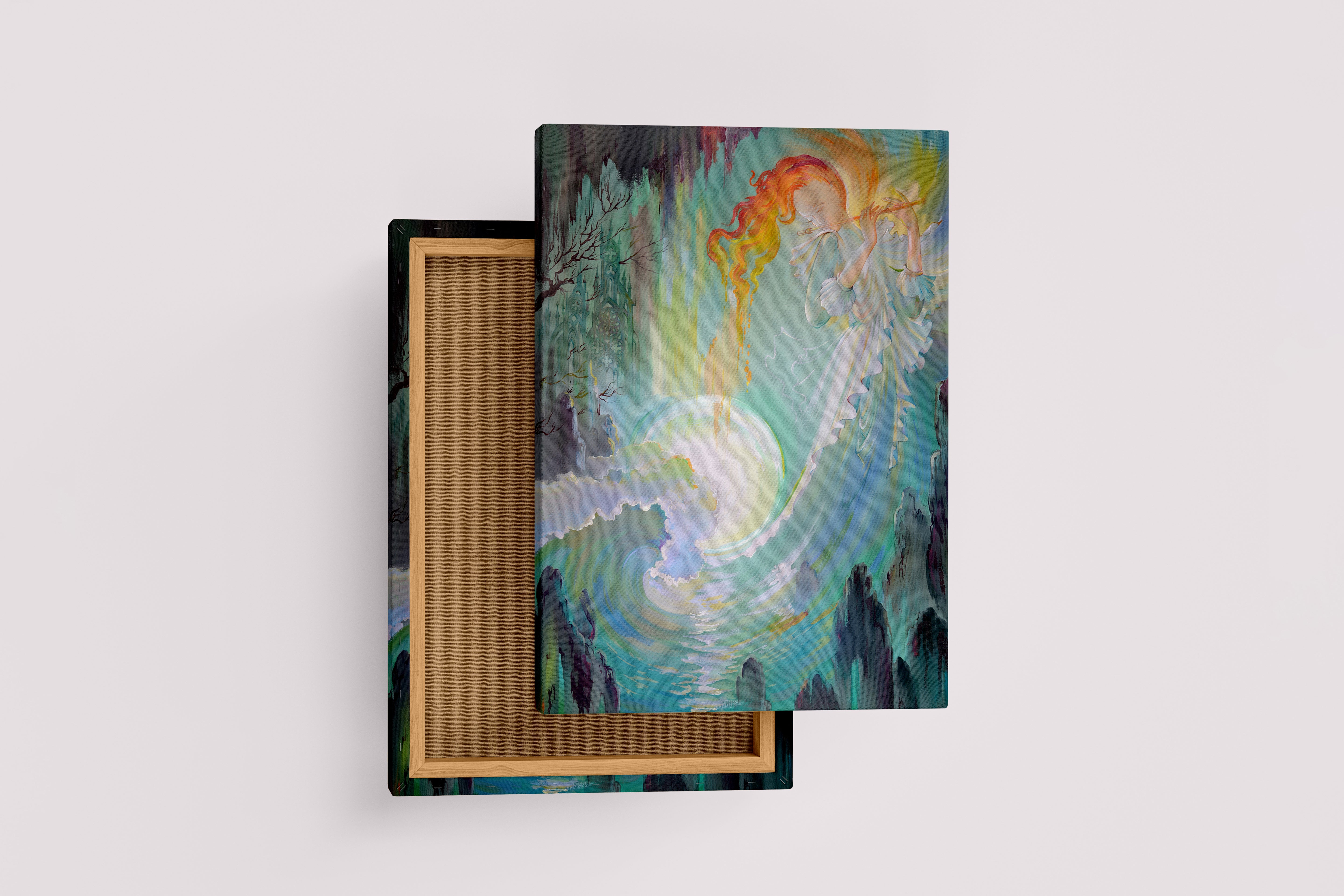 an ethereal woman with flame hair plays flute by a glowing, dripping moon, art, kanvas tablo