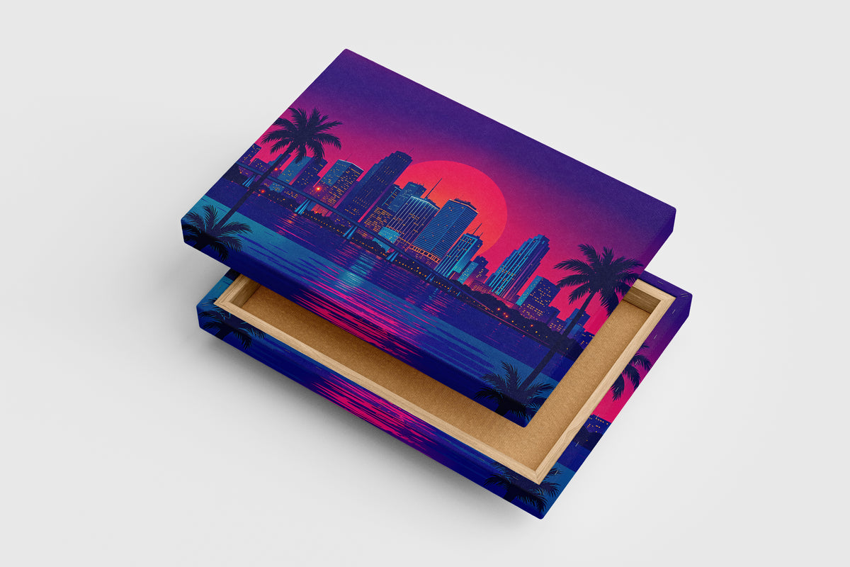 ai creation, sunset in a retrowave and cyberpunk looking city, ai art, art, kanvas tablo