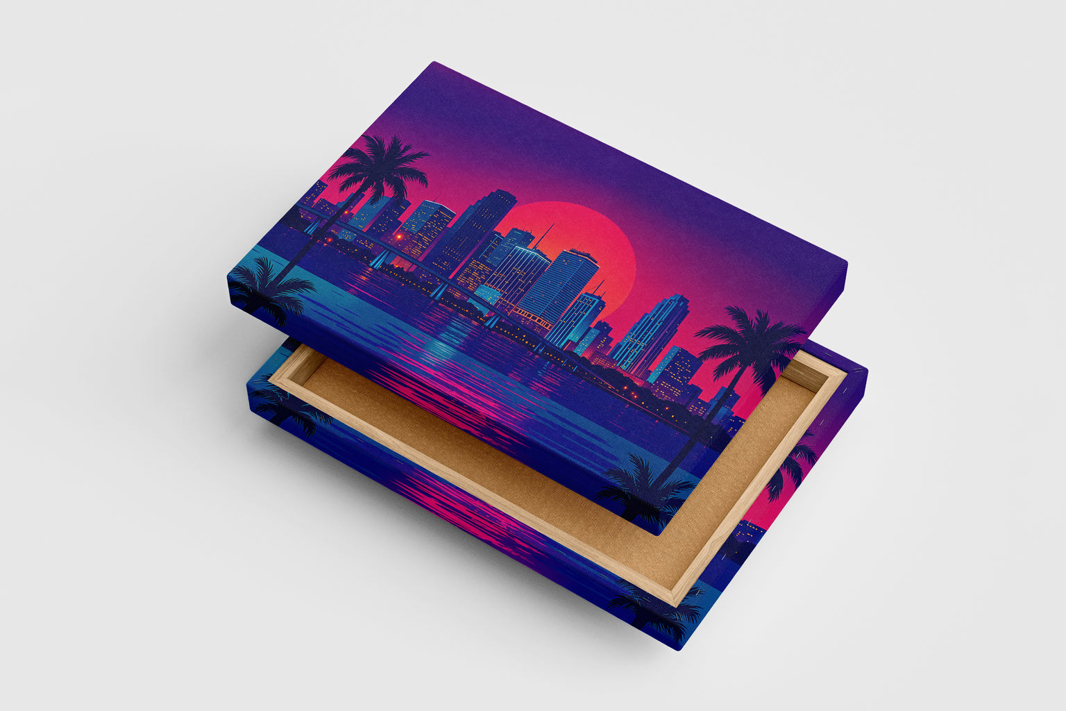 ai creation, sunset in a retrowave and cyberpunk looking city, ai art, art, kanvas tablo