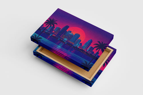 ai creation, sunset in a retrowave and cyberpunk looking city, ai art, art, kanvas tablo