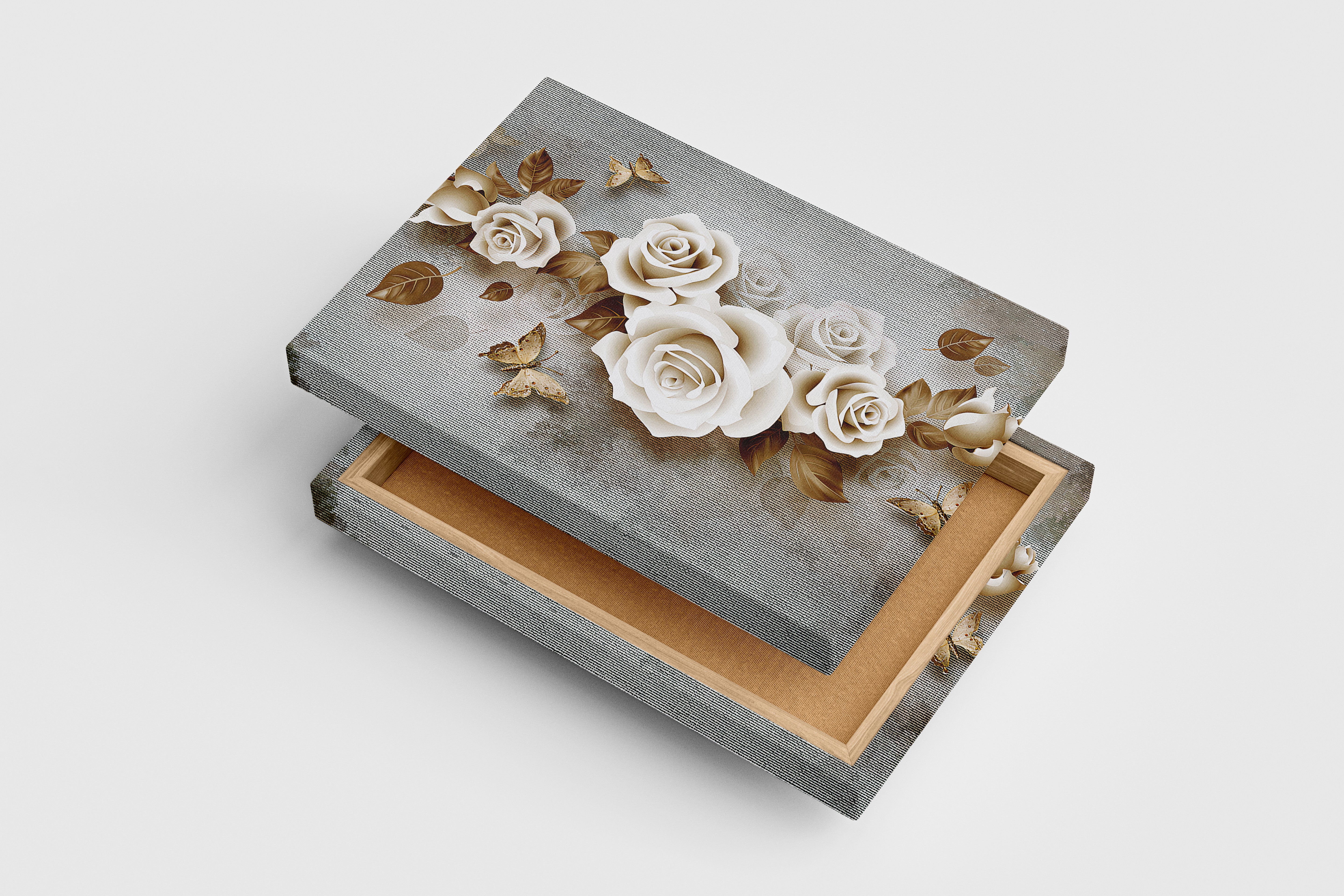 a modern wallpaper design of 3d roses and metallic brown butterflies, flower motif, art, kanvas tablo