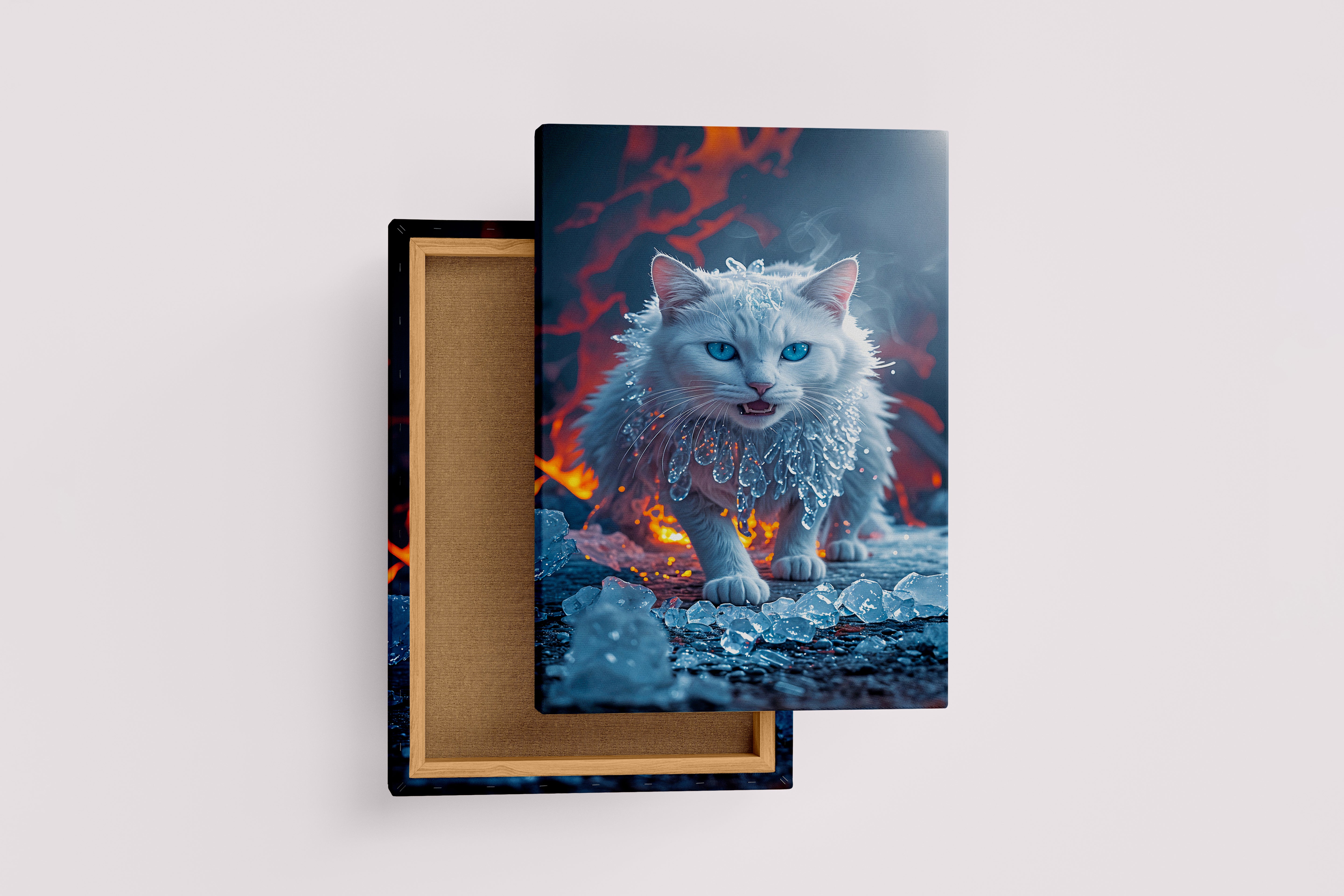 ai creation, white cat wrapped in ice, pet, ai art, art, kanvas tablo