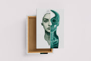 ai creation, split illustration of a woman's face showing the teal skeleton anatomy underneath, ai art, art, kanvas tablo