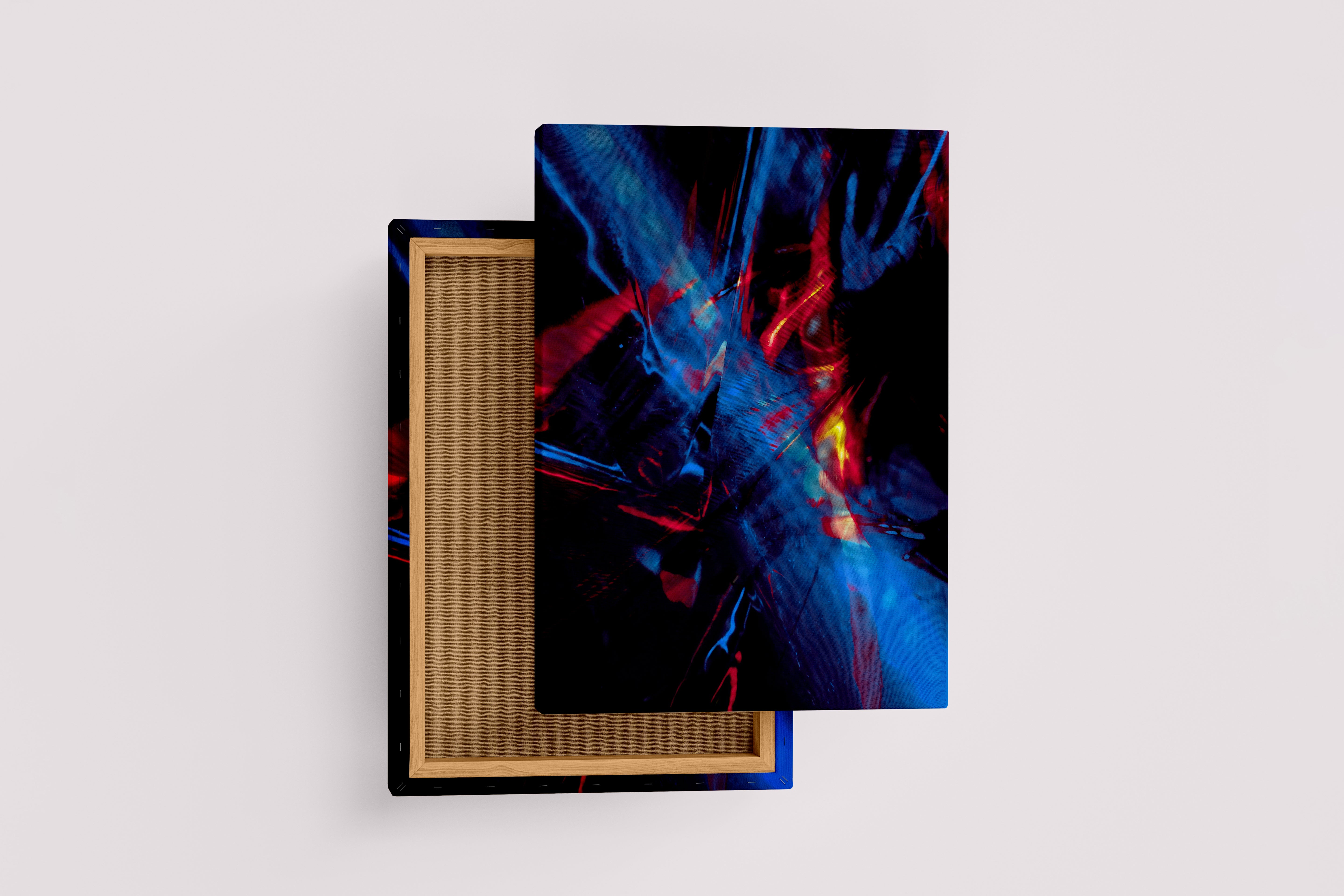 an energetic abstract composition with chaotic streaks of red and blue light on black, abstract, art, kanvas tablo