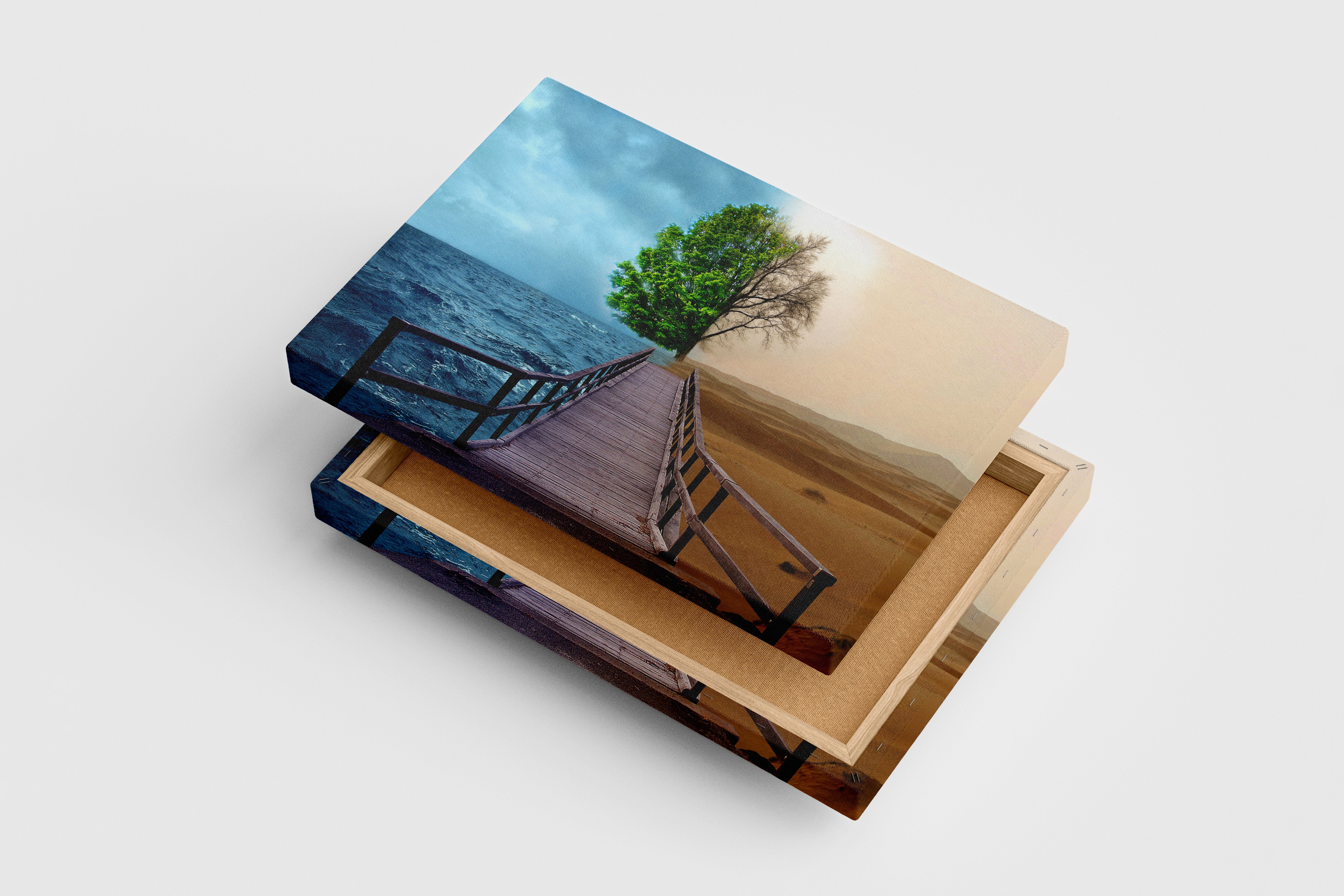 a pier to a split tree, one side lush ocean, one side barren desert, view, art, kanvas tablo