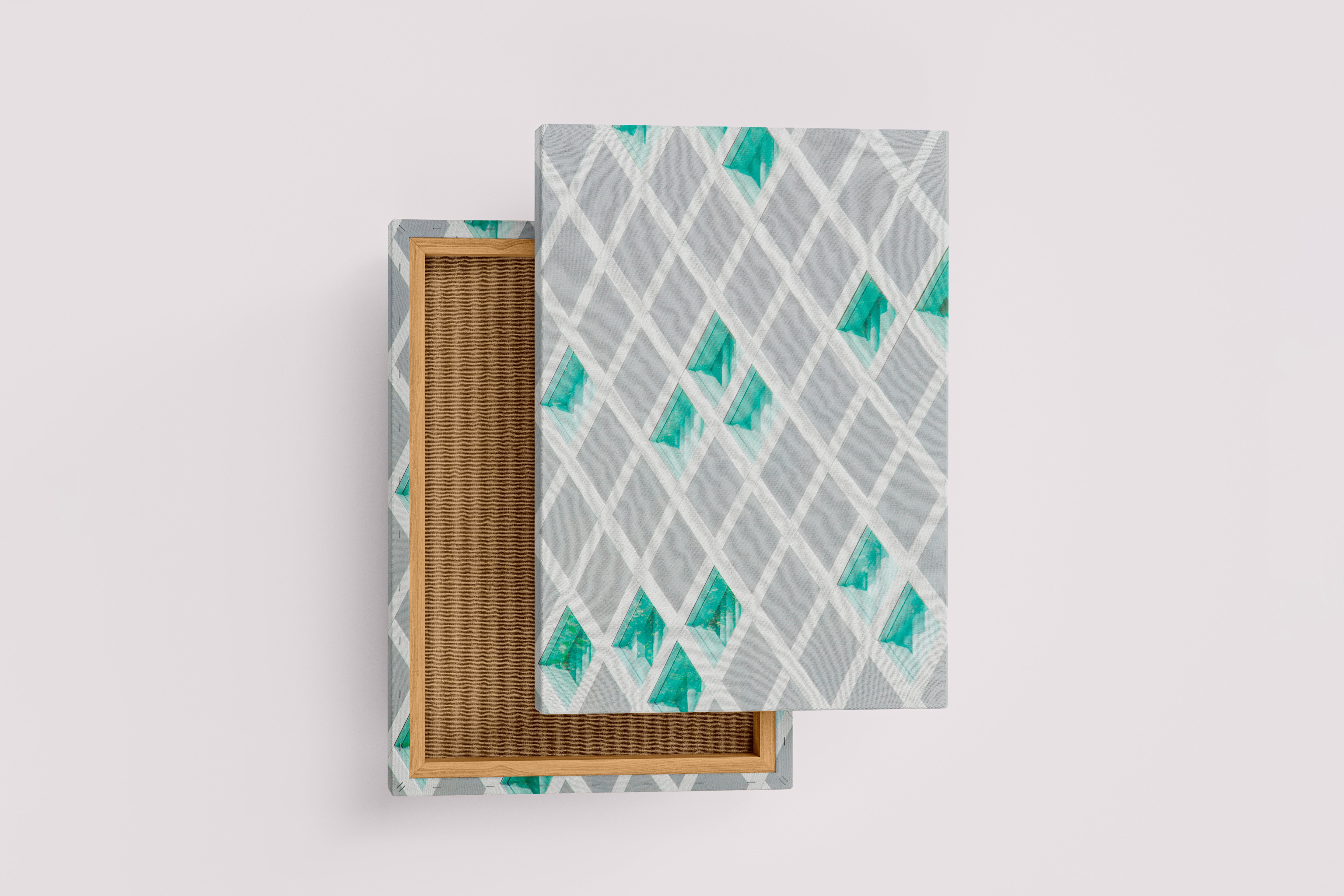 a minimalist architectural facade with a white diagonal lattice over turquoise glass windows, abstract, art, kanvas tablo