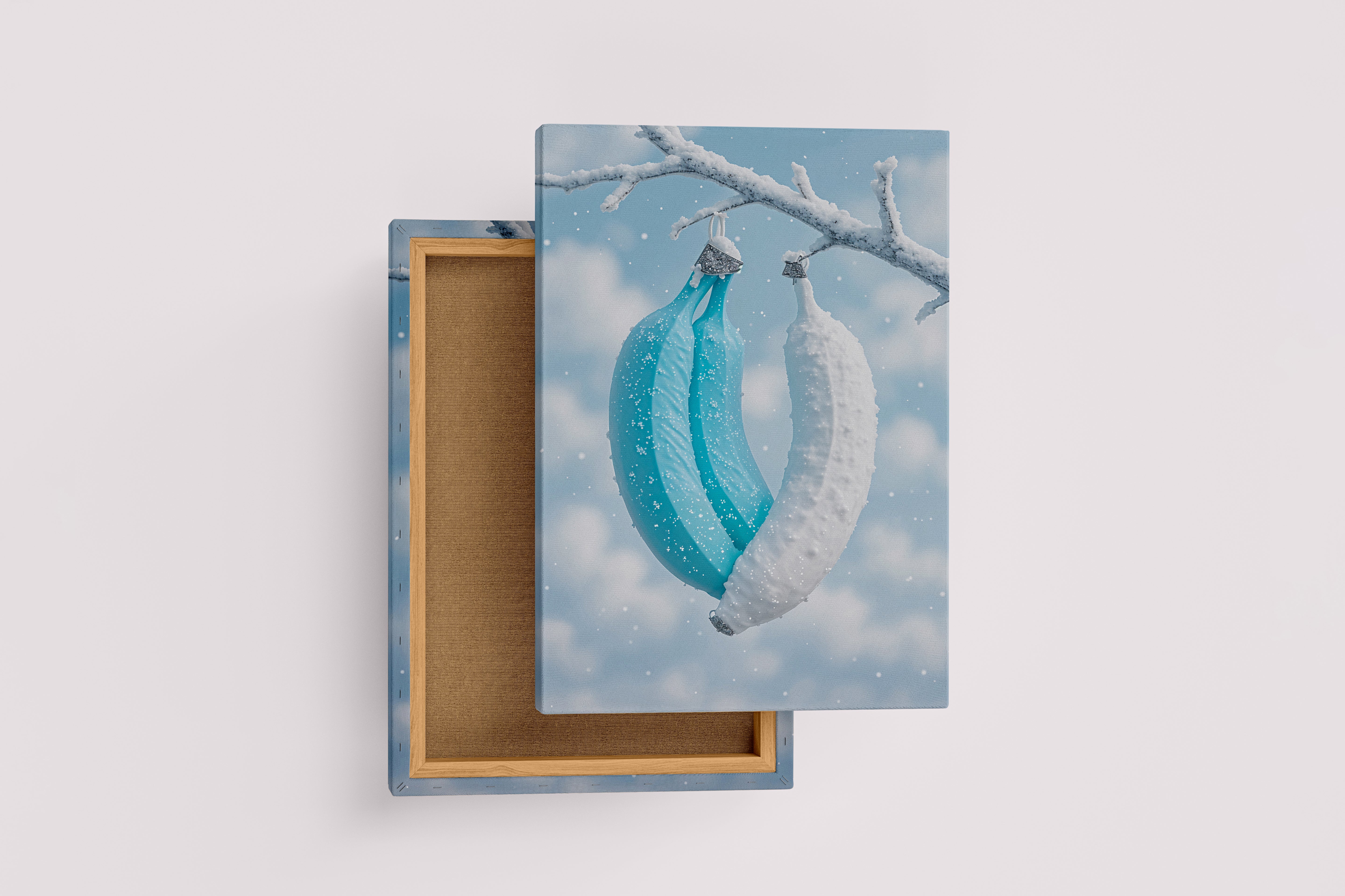 ai creation, white and blue banana hanging on a branch, winter themed, art, kanvas tablo