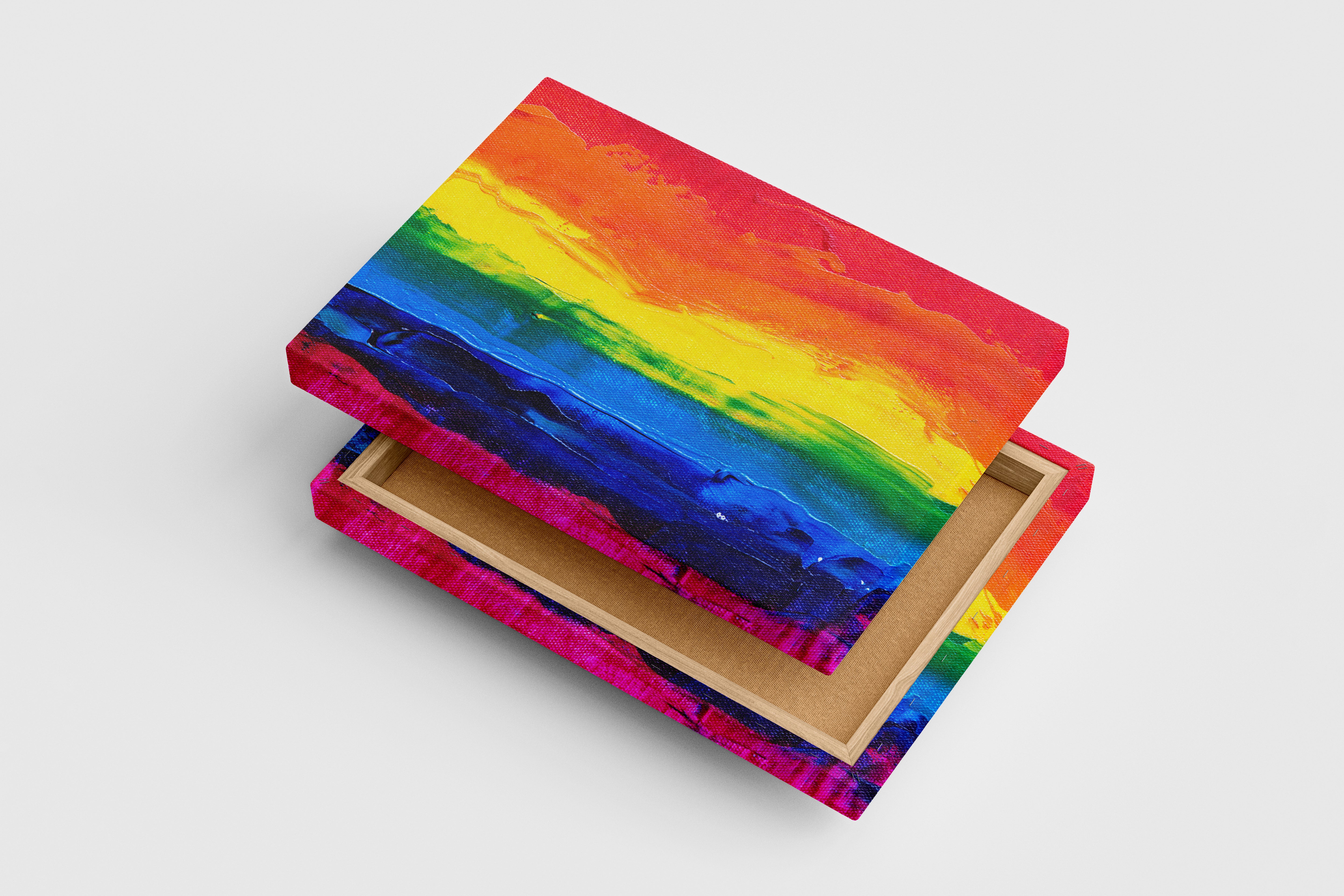 a close-up of a thickly painted rainbow flag on a textured canvas background, abstract, art, kanvas tablo