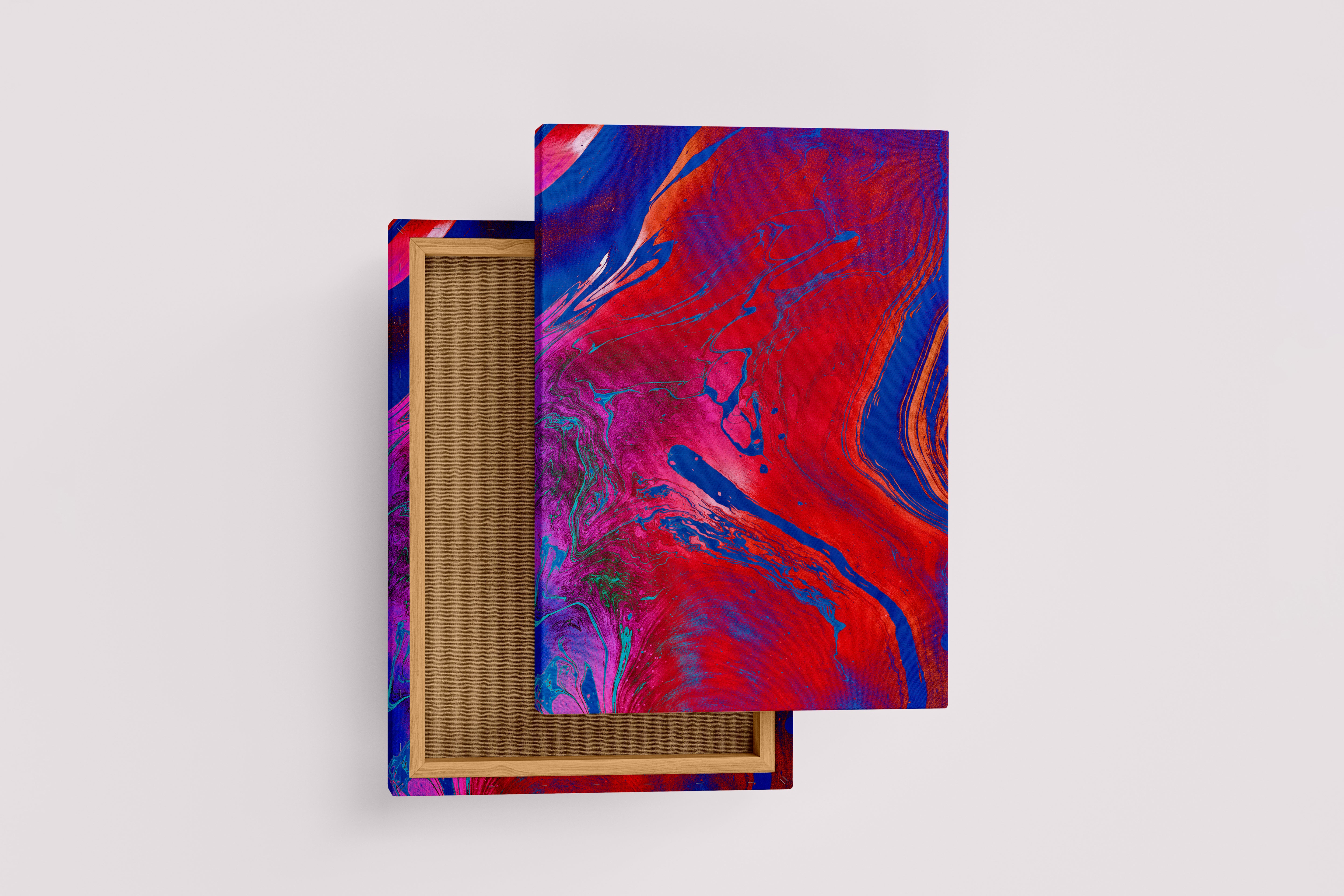 a vibrant and intense abstract fluid art painting with swirls of red and blue, abstract, art, kanvas tablo