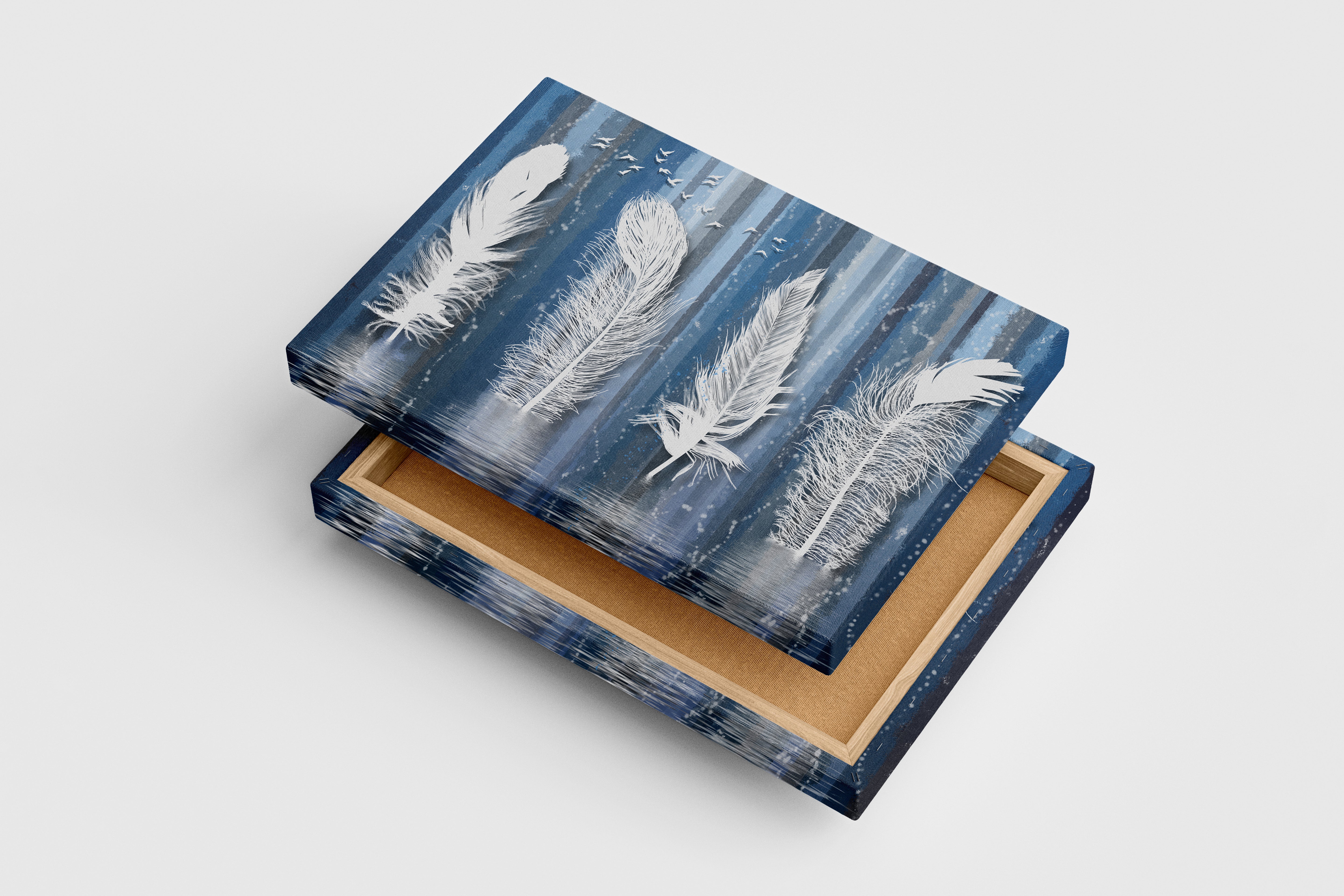 a surreal painting of giant white feathers standing like trees in the water, art, kanvas tablo