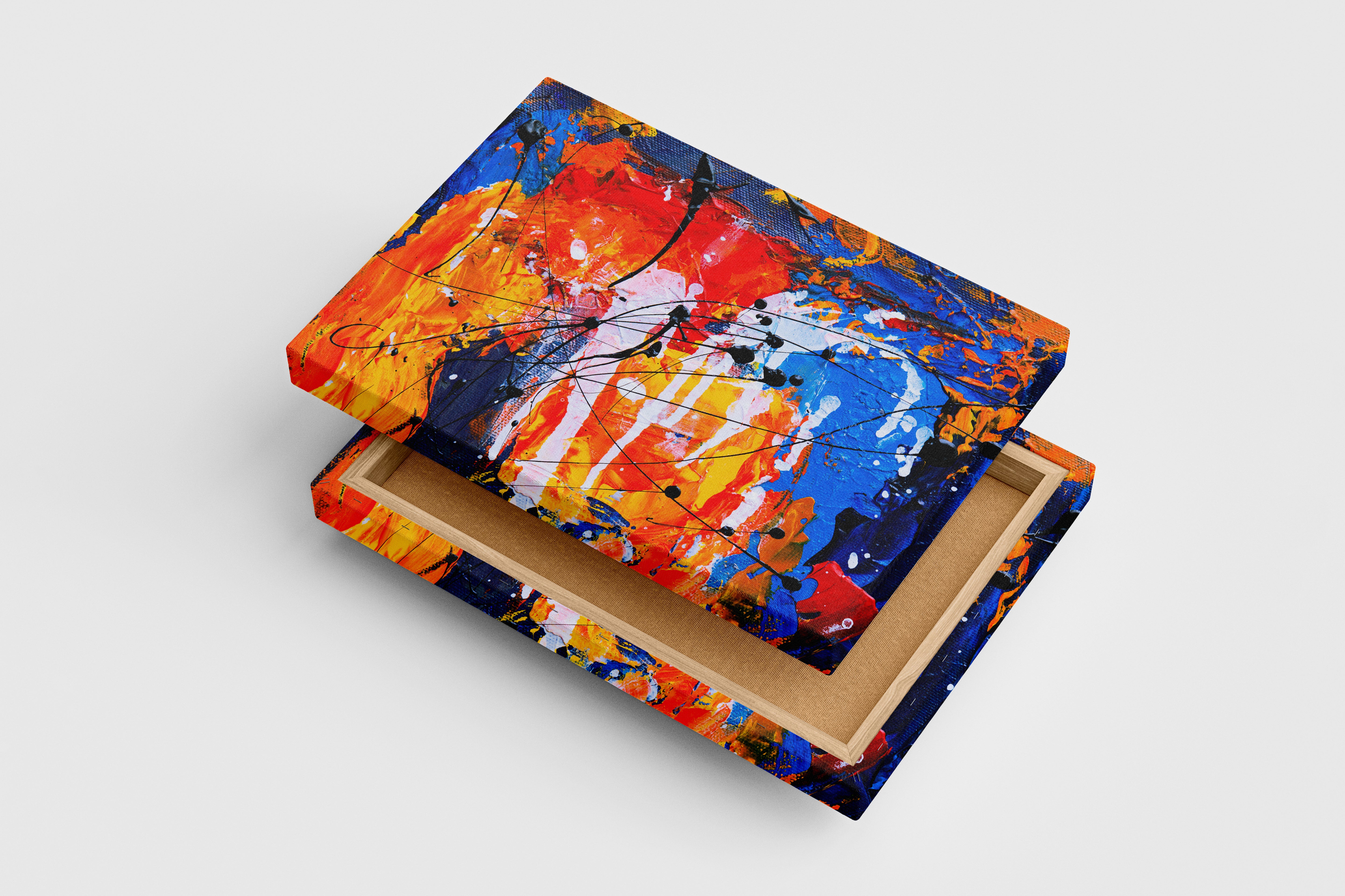 a vibrant abstract expressionist painting with heavy textures and energetic black paint splatters, abstract, art, kanvas tablo