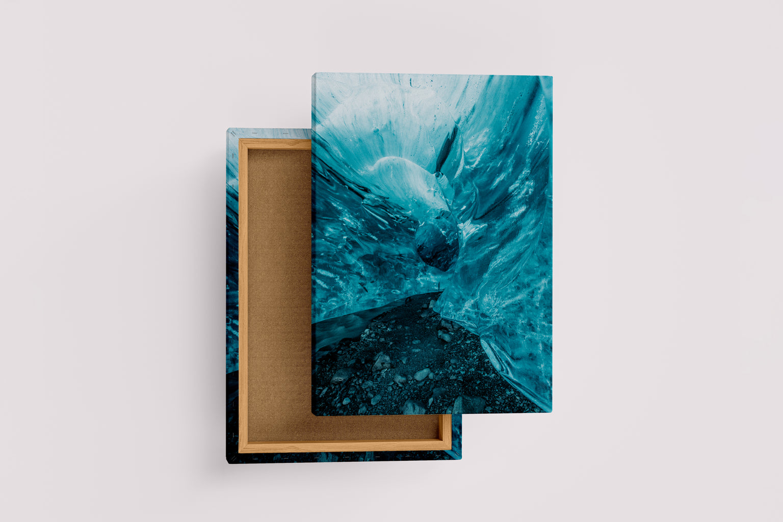 a breathtaking view from inside a glowing blue ice cave with smooth, frozen walls, abstract, art, kanvas tablo