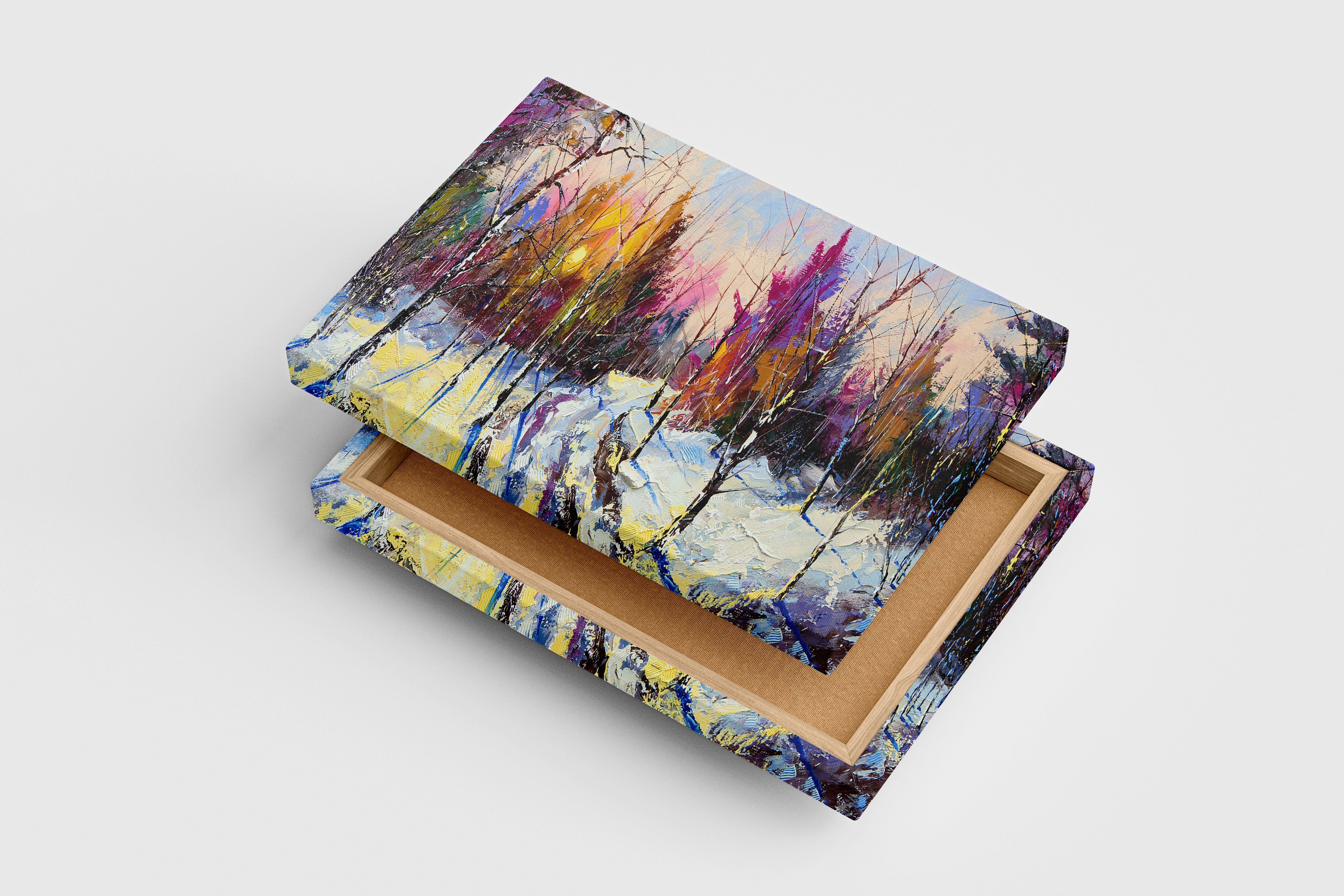 a vibrant palette knife painting of a snowy forest path at sunrise, view, art, kanvas tablo