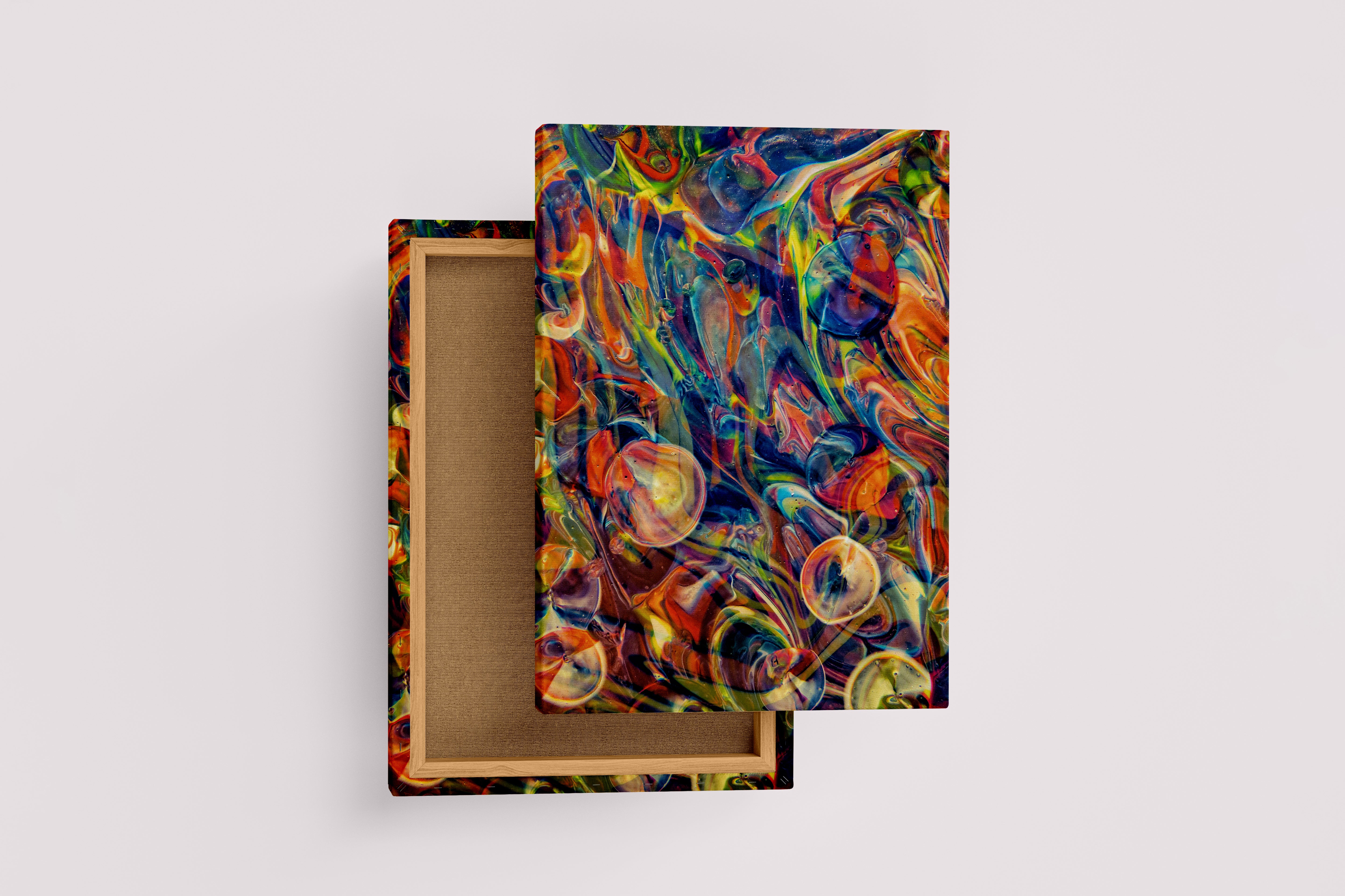 a vibrant and chaotic psychedelic abstract artwork with colorful swirls and bubble-like shapes, abstract, art, kanvas tablo