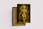ai creation, a porcelain automaton eve on a gold throne holding a red apple, ai art, art, kanvas tablo