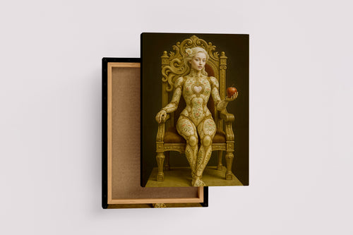 ai creation, a porcelain automaton eve on a gold throne holding a red apple, ai art, art, kanvas tablo