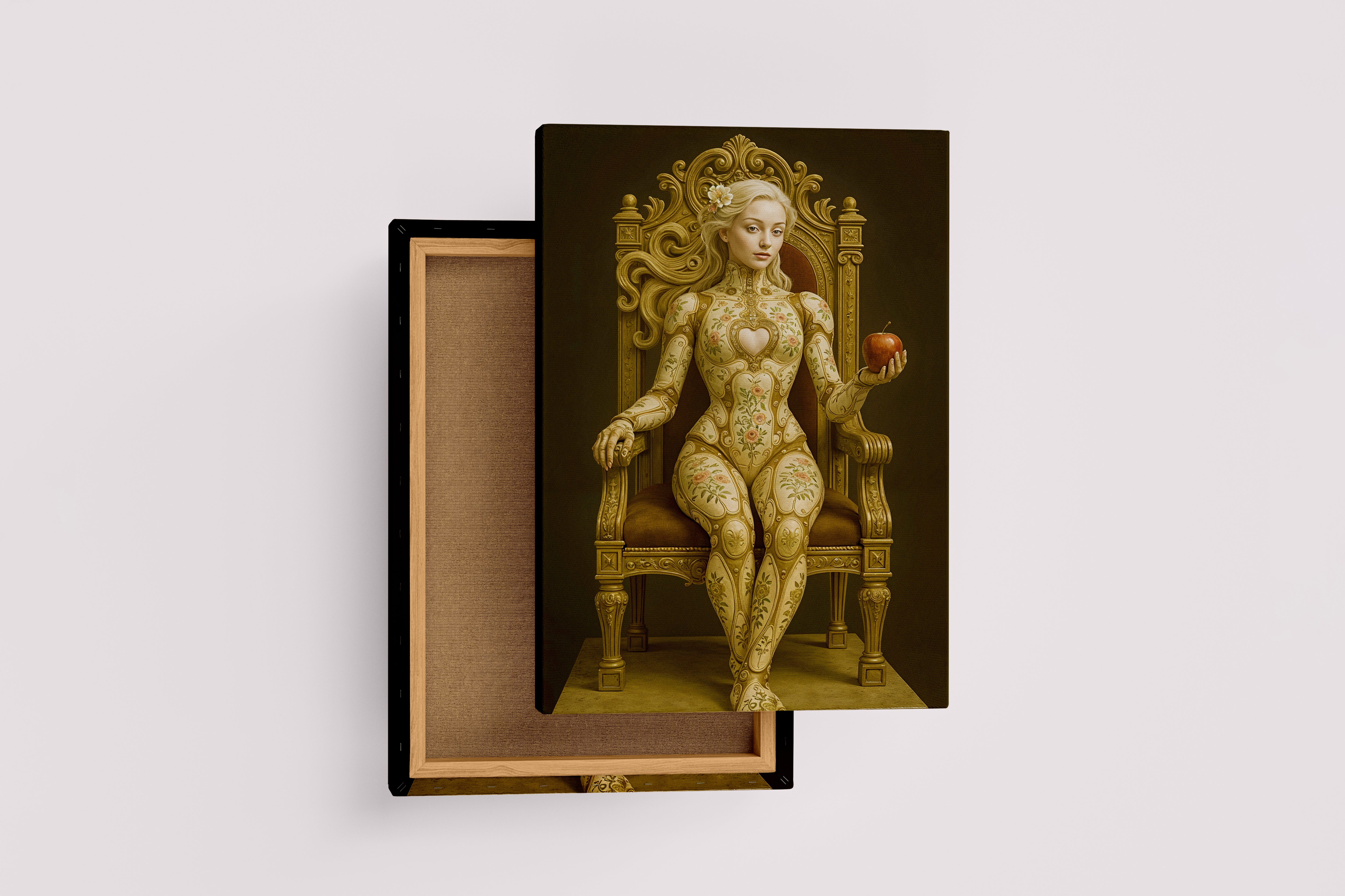 ai creation, a porcelain automaton eve on a gold throne holding a red apple, ai art, art, kanvas tablo