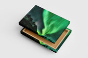 a vibrant green aurora dancing over jagged, snow-dusted mountain peaks, view, art, kanvas tablo