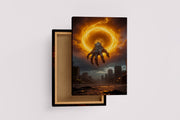 ai creation, a giant monster hand emerges from a fiery portal over a city, ai art, art, kanvas tablo