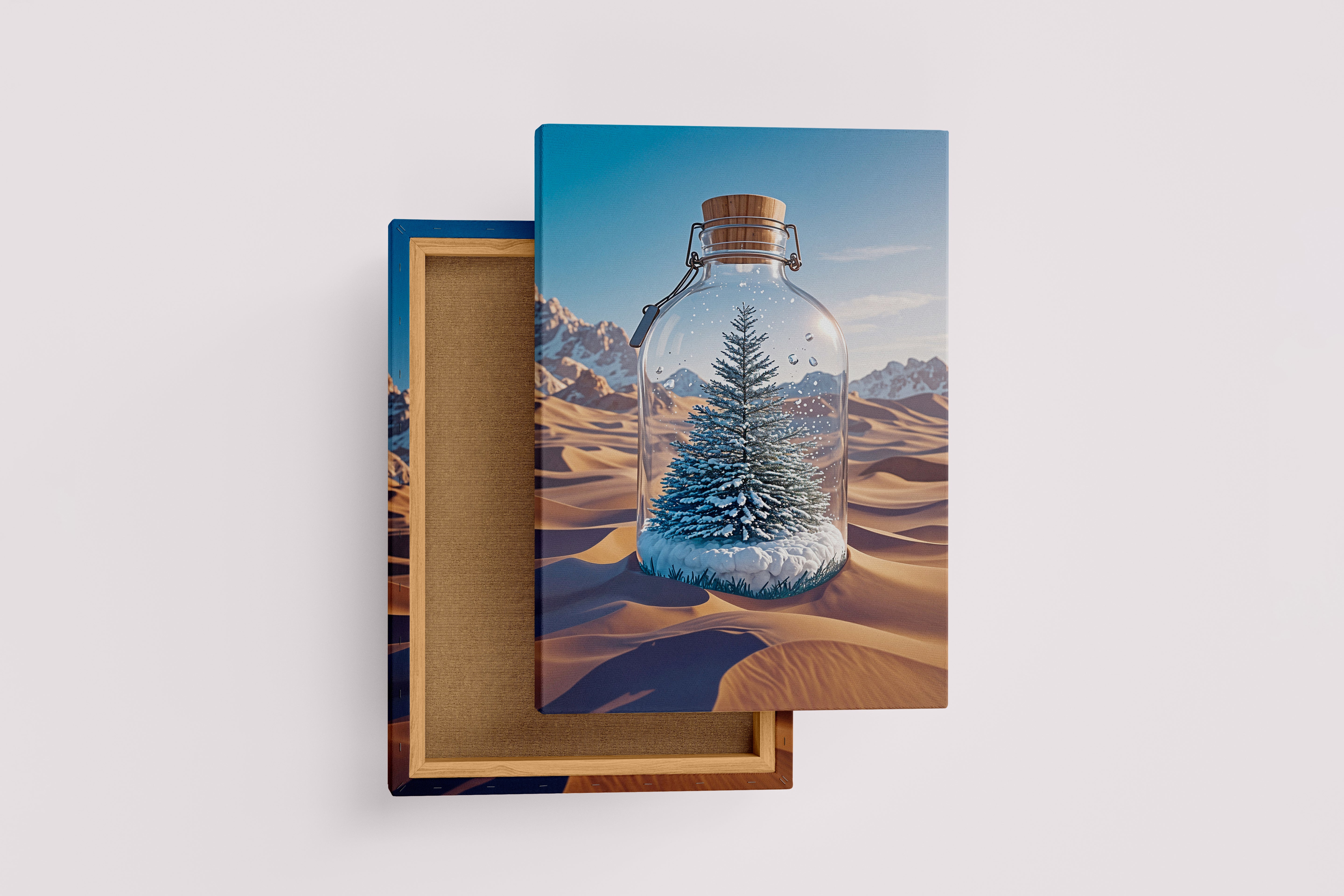 ai creation, tree standing on snow in the desert, stuck in a bottle, ai art, art, kanvas tablo