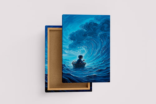 ai creation, a man sitting in a basket floating in giant waves, ai art, art, kanvas tablo