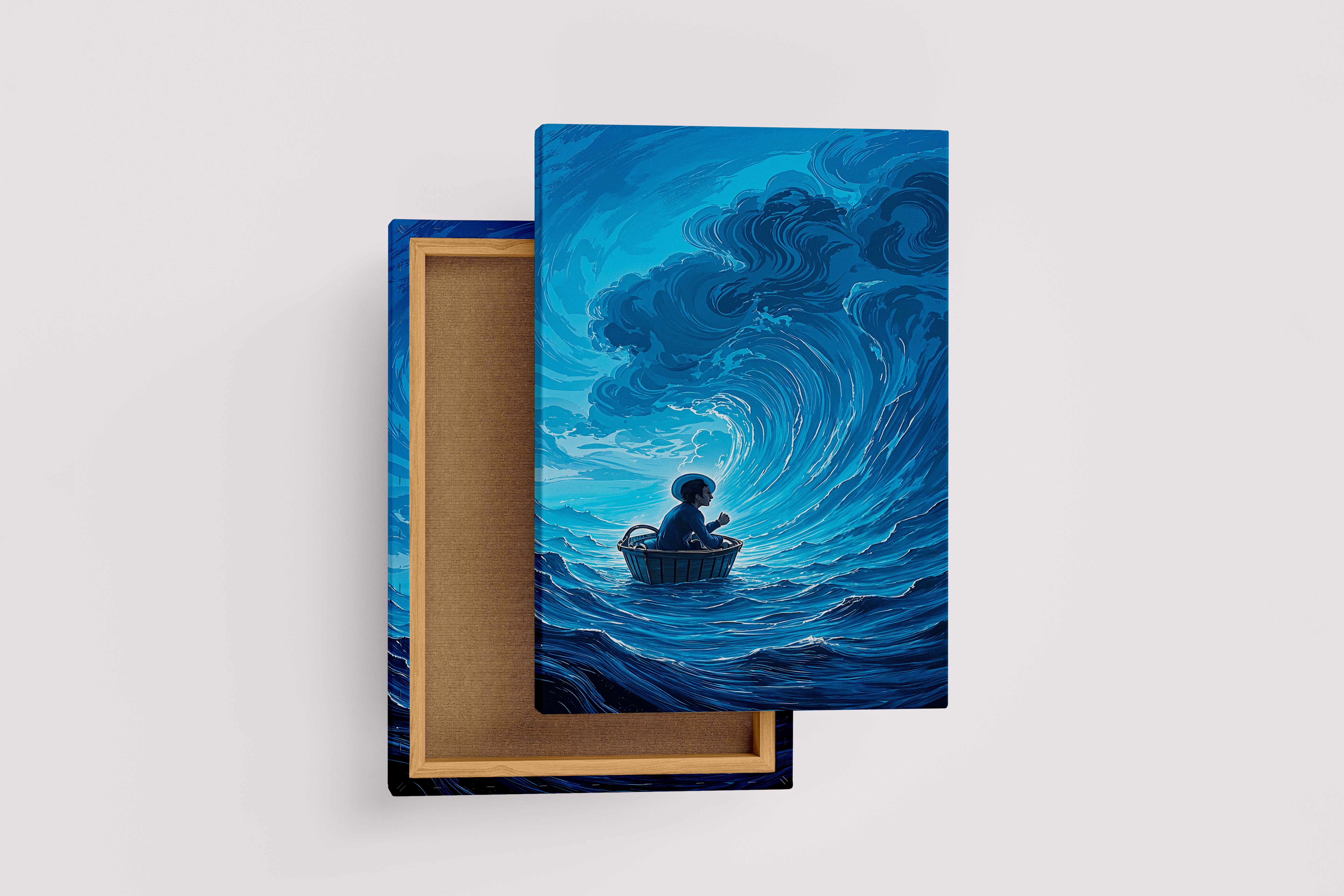 ai creation, a man sitting in a basket floating in giant waves, ai art, art, kanvas tablo