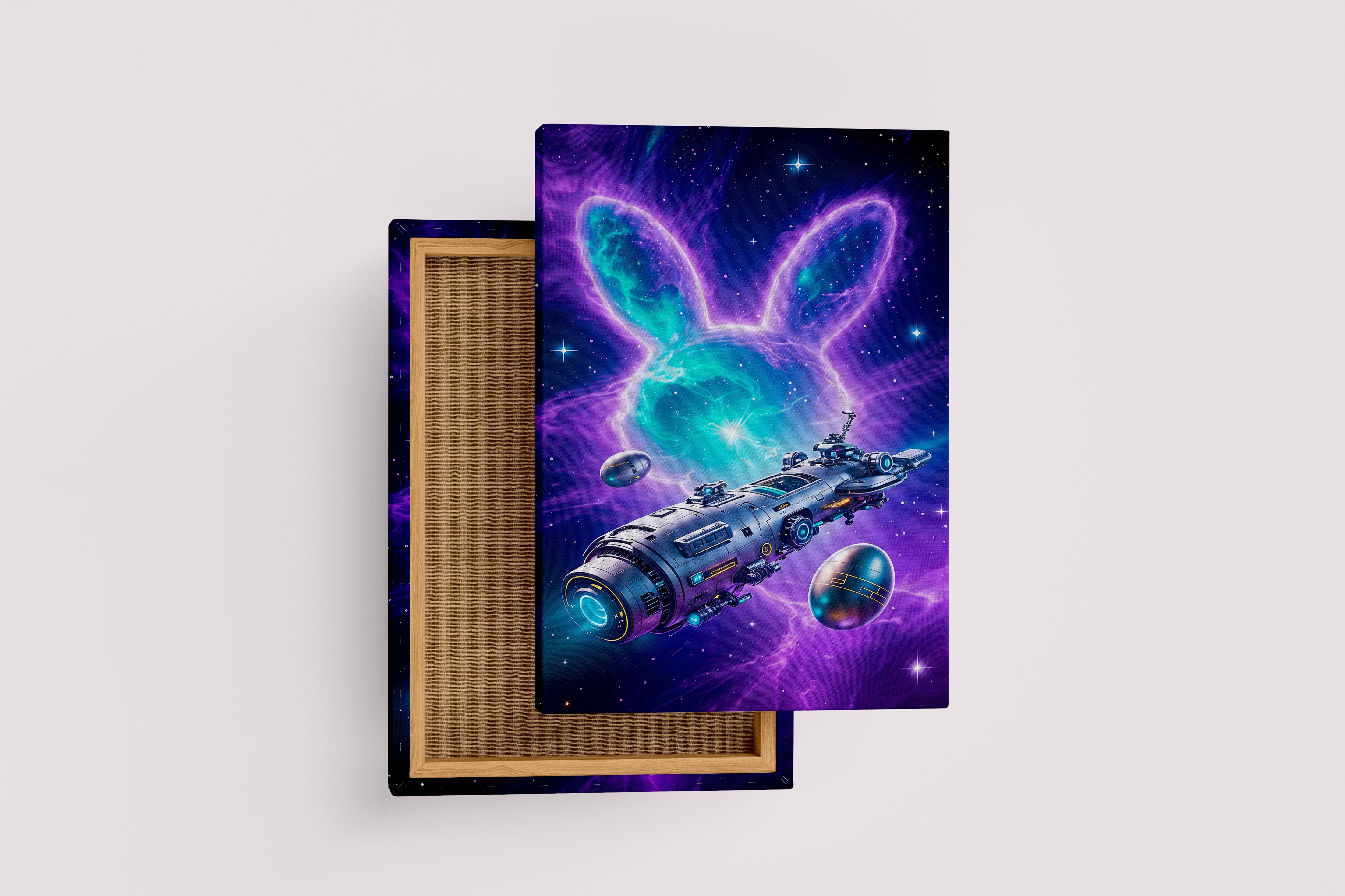 ai creation, rabbit and huge ship in space, ai art, art, kanvas tablo