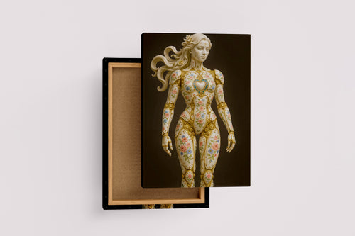 ai creation, an ornate rococo automaton of porcelain and gold, painted with delicate flowers, ai art, art, kanvas tablo