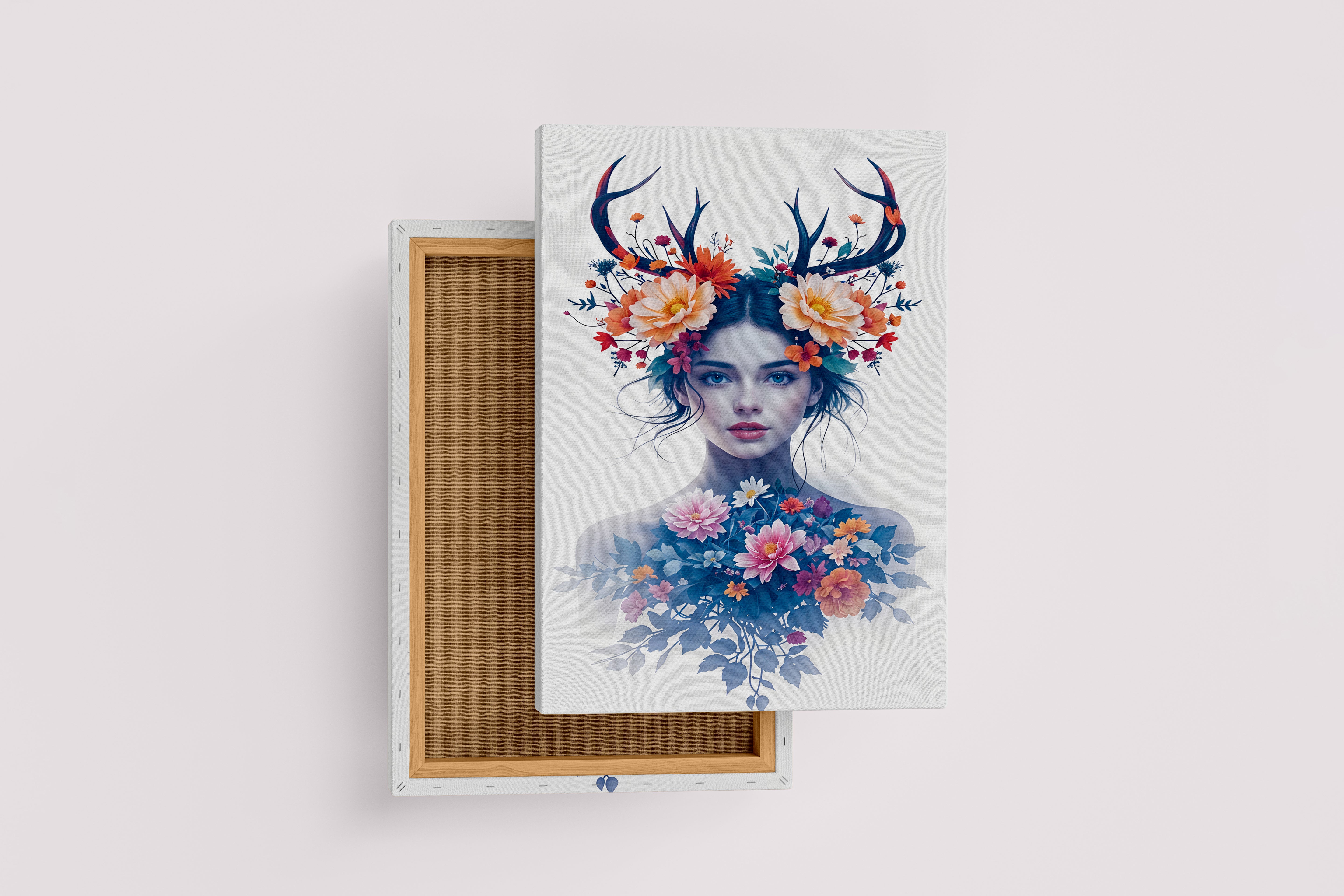 ai creation, a beautiful woman as a nature spirit with antlers and blooming flowers, ai art, art, kanvas tablo