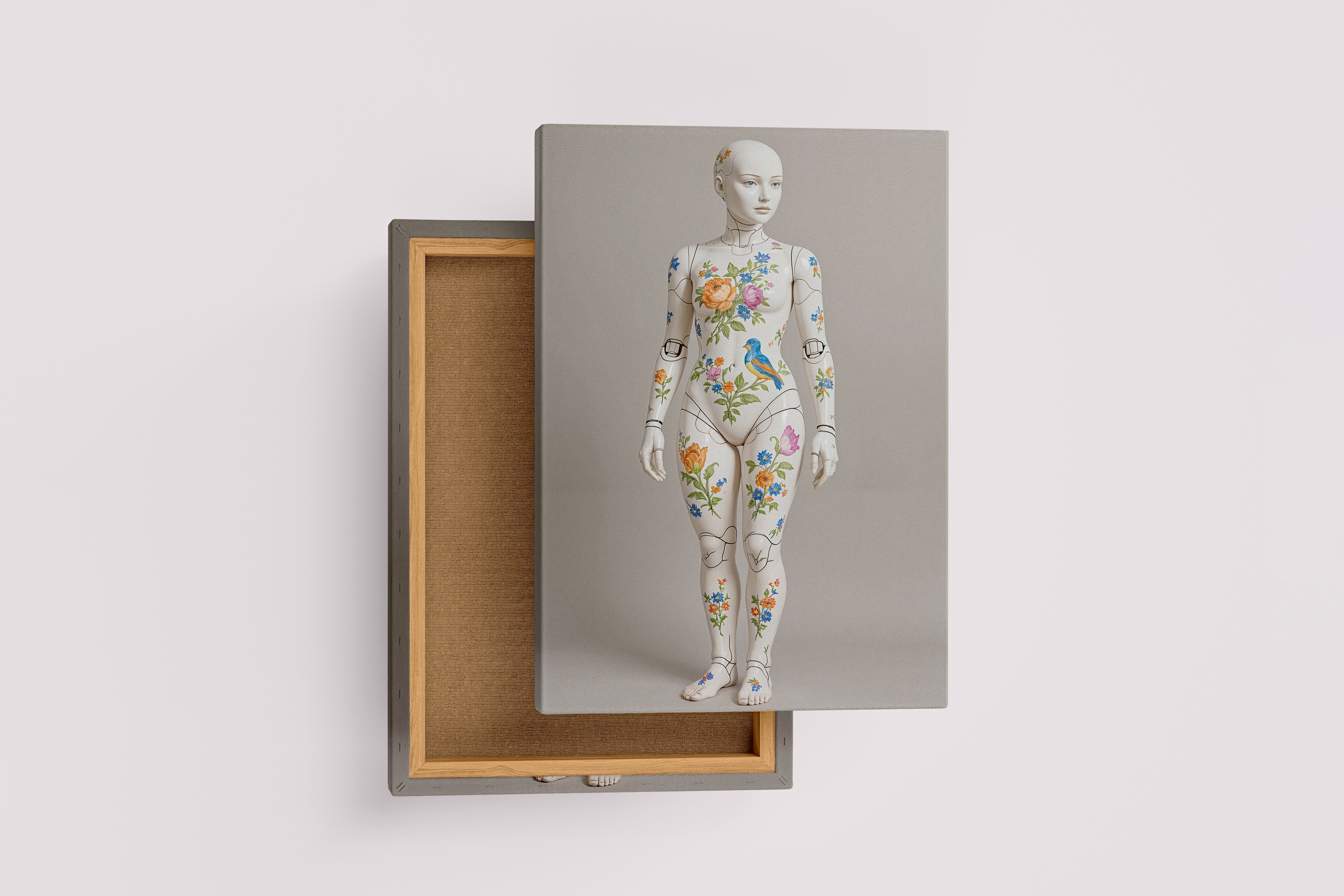 ai creation, a ball-jointed porcelain doll painted with vintage flowers and a small bird, ai art, art, kanvas tablo