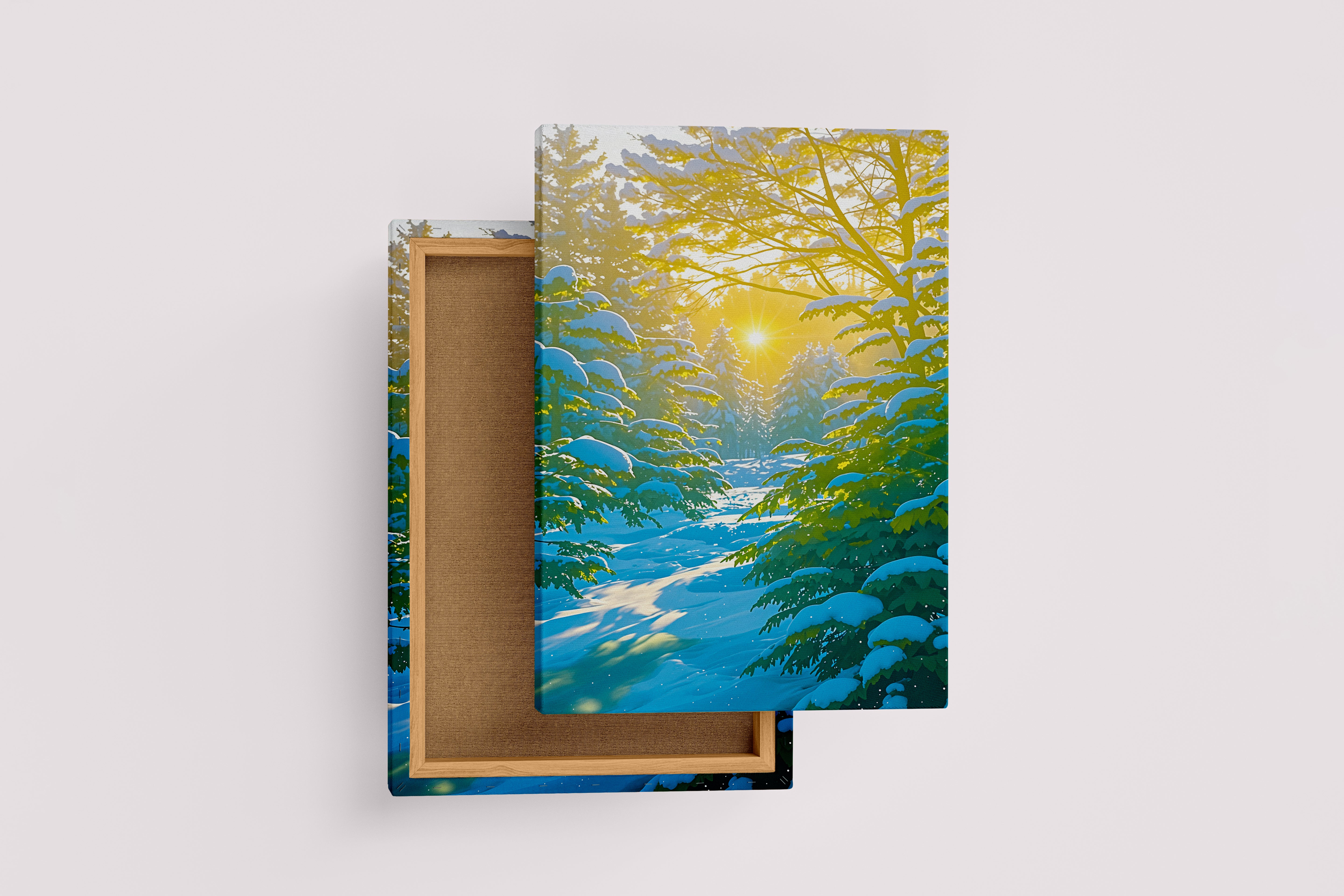 ai creation, sun filtering through the snow covered forest, ai art, art, kanvas tablo