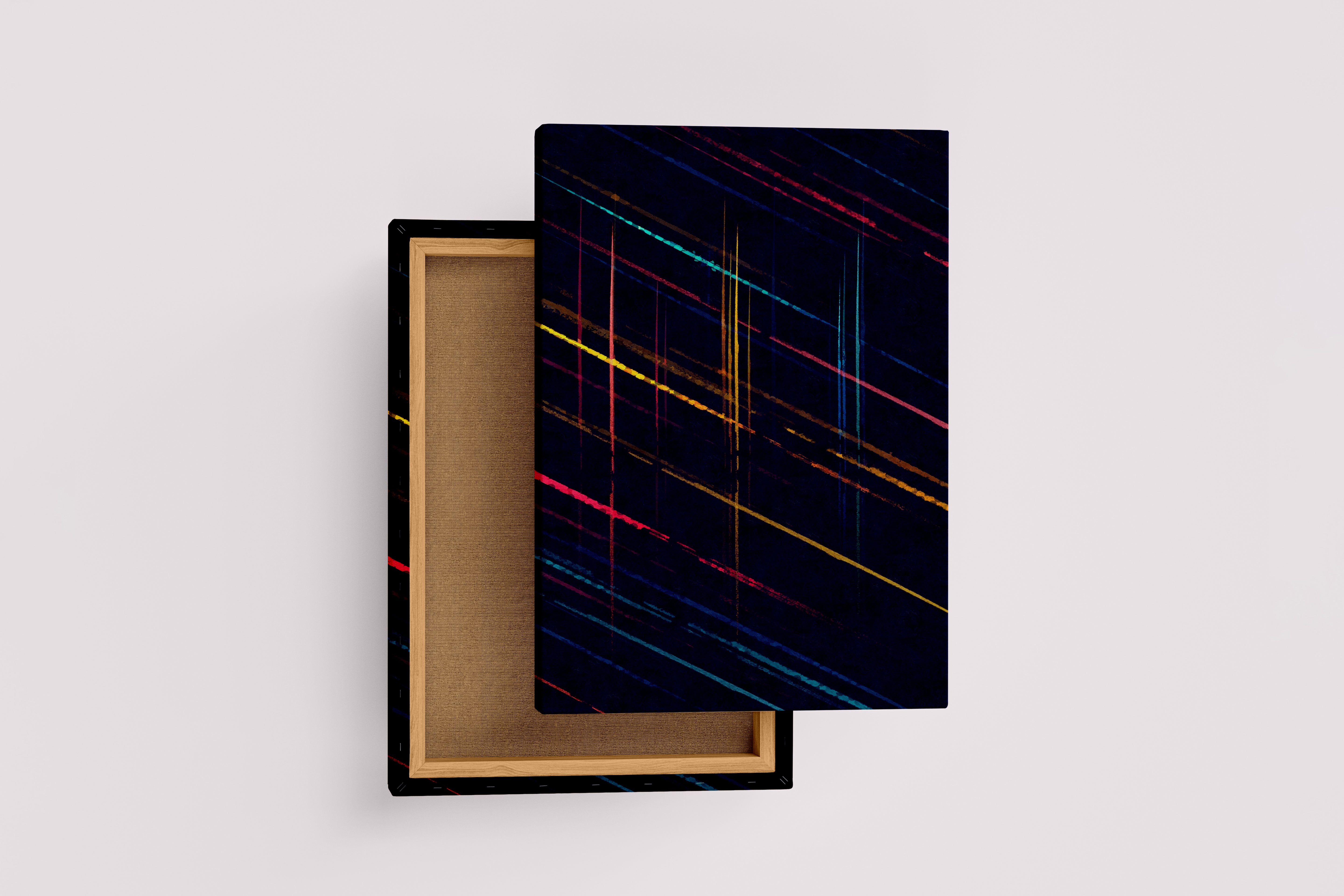 a dark abstract background with thin, colorful, diagonal lines streaking across the canvas, abstract, art, kanvas tablo