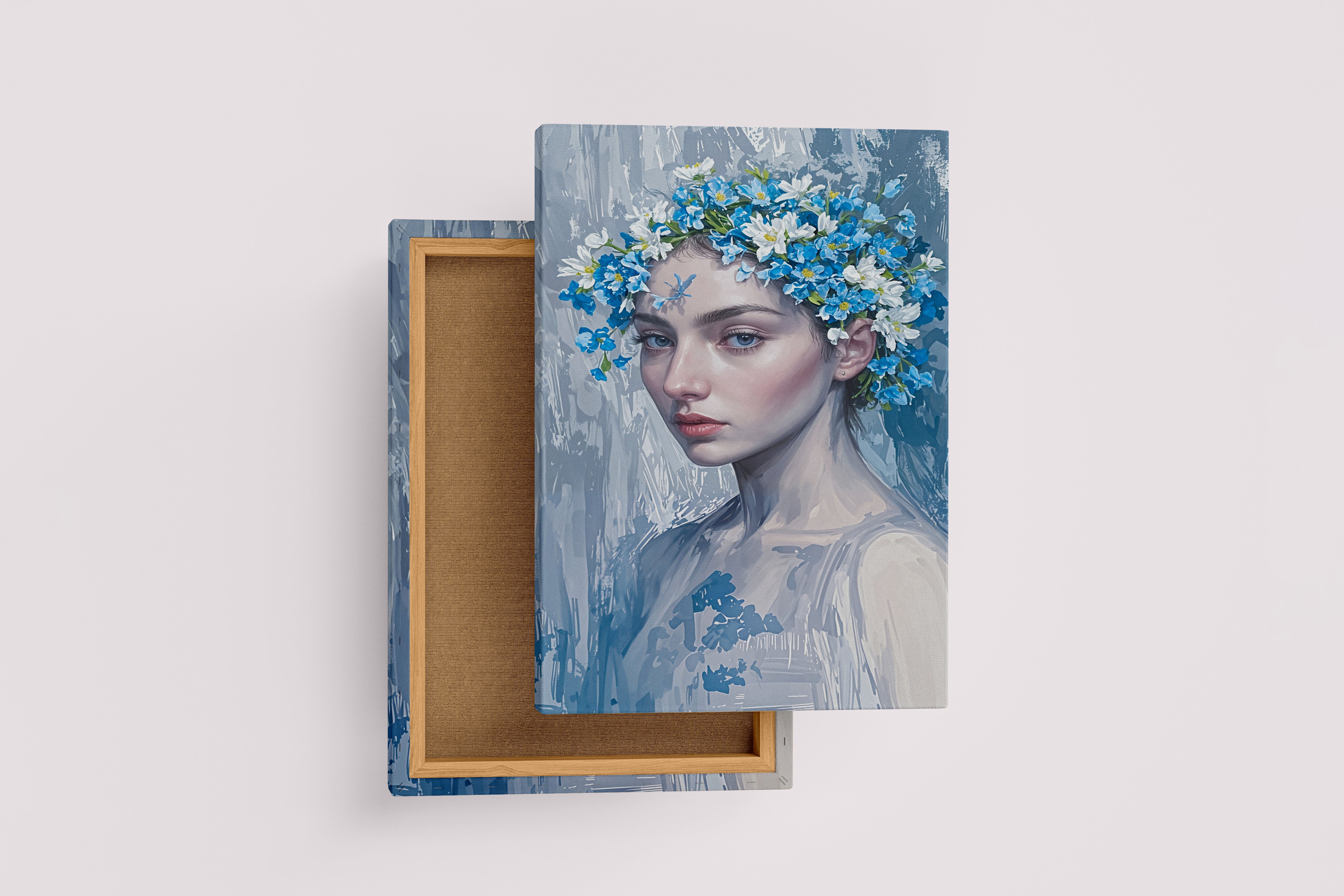 ai creation, a painterly portrait of a woman wearing a blue and white flower crown, ai art, art, kanvas tablo