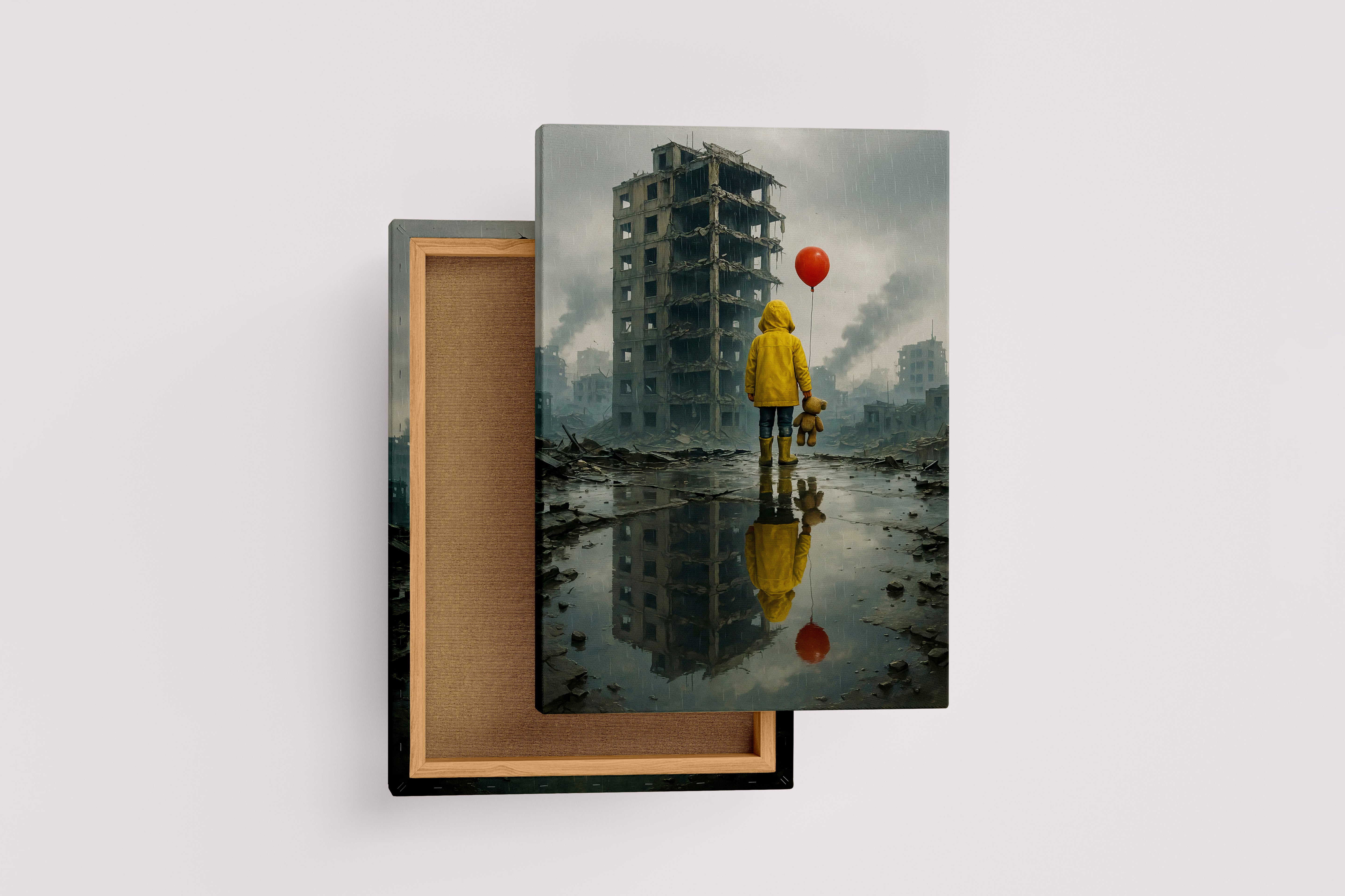 ai creation, a child left in an abandoned city with his balloon and teddy bear, ai art, art, kanvas tablo