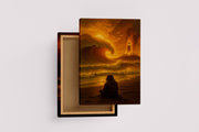ai creation, girl watching giant waves crashing onto the beach fire themed, ai art, art, kanvas tablo