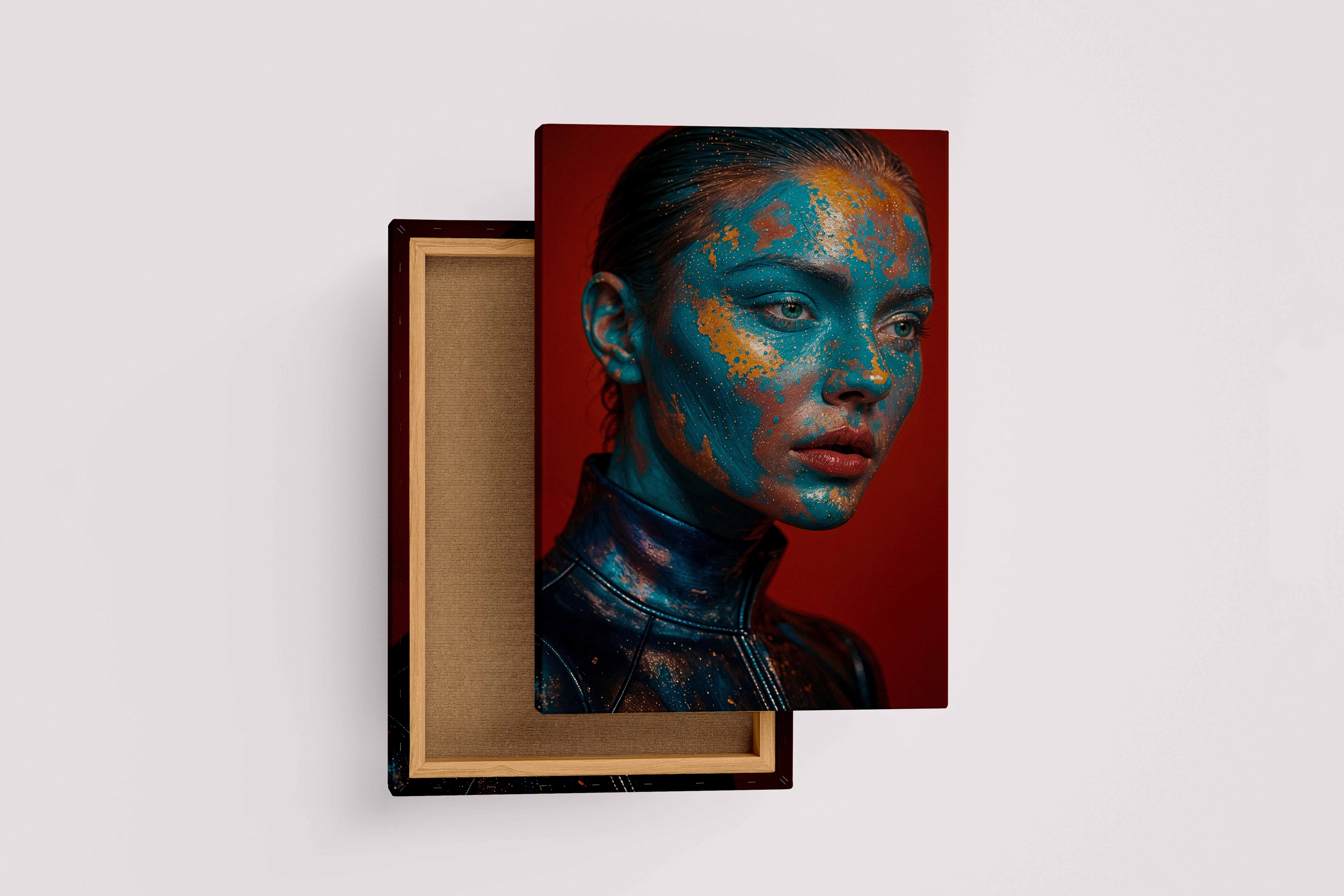 ai creation, a womans face with turquoise and gold artistic paint, ai art, art, kanvas tablo