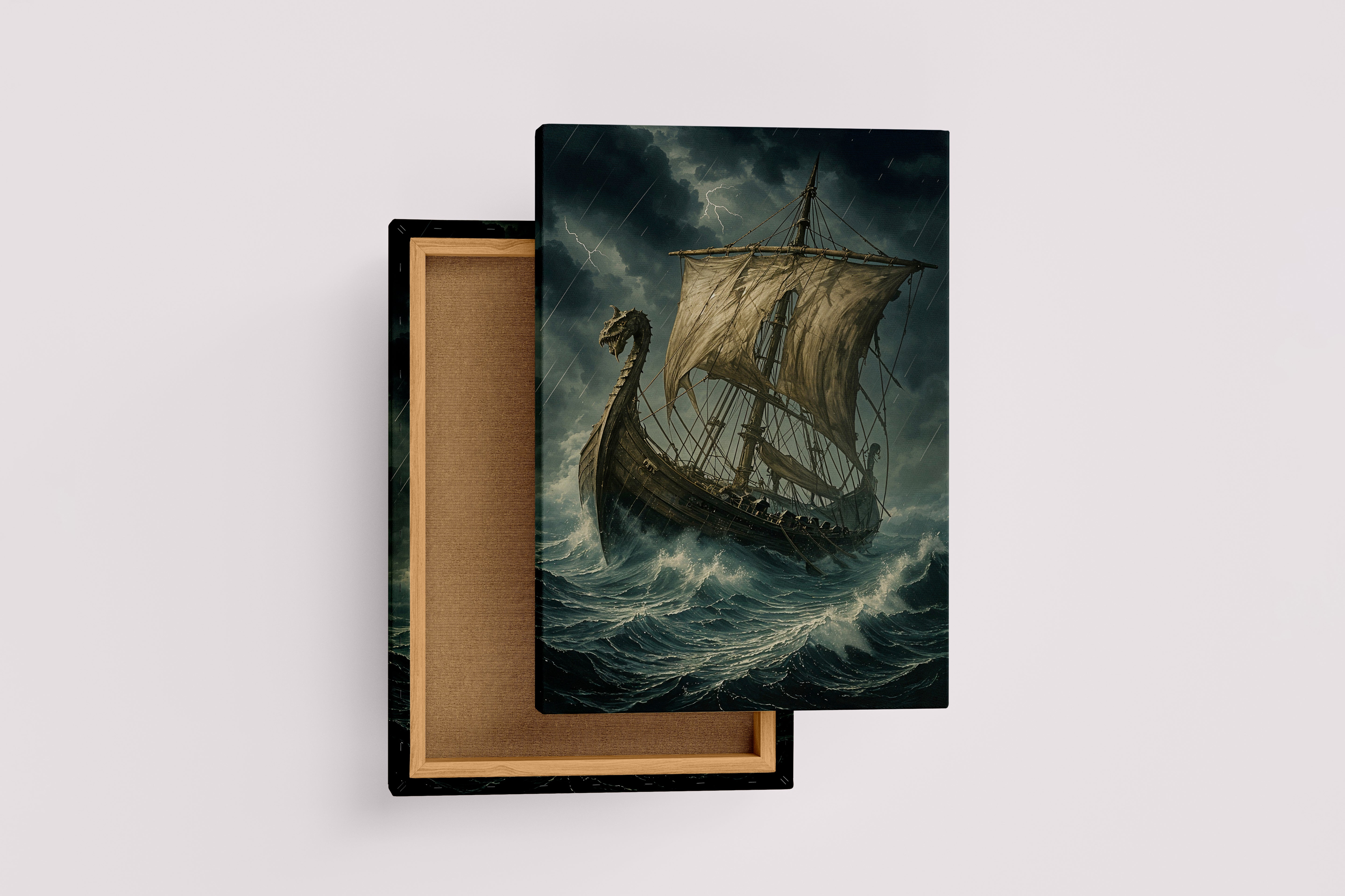 ai creation, a ship caught between giant waves and storm, ai art, art, kanvas tablo