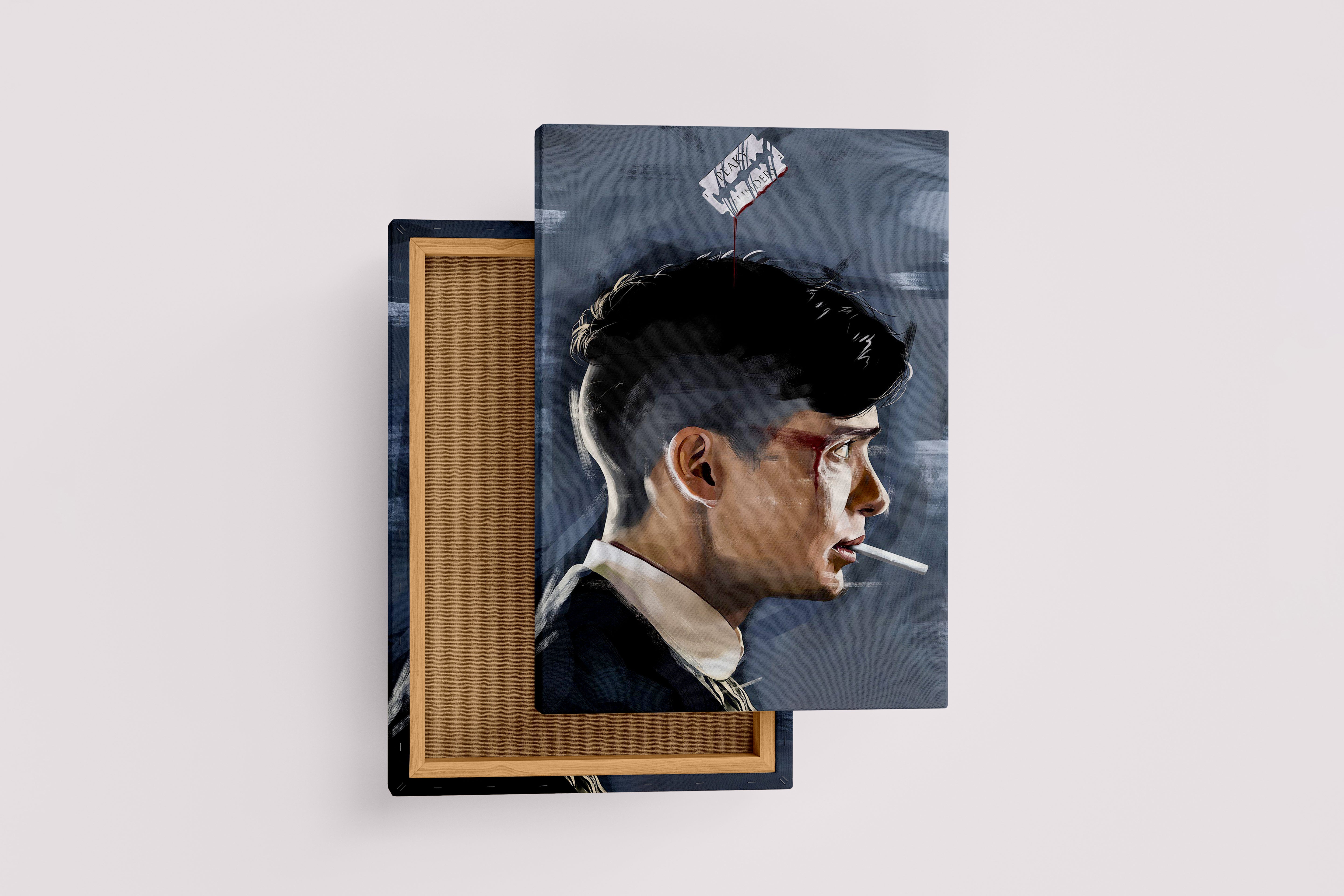 an intense painterly portrait of thomas shelby with a cigarette and bloody razor, art, kanvas tablo