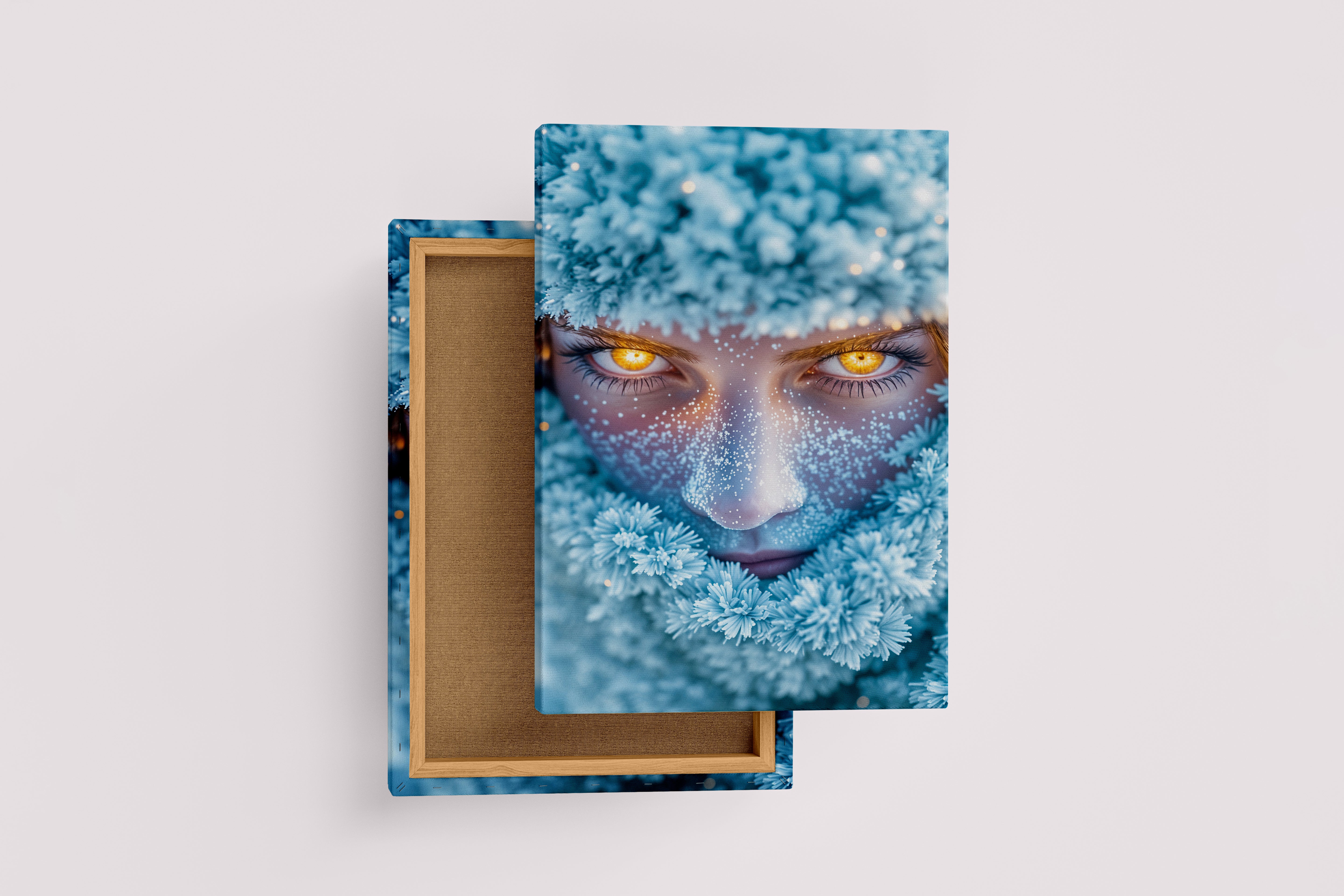 ai creation, a fantasy woman with fiery glowing eyes, her face covered in sparkling frost, ai art, art, kanvas tablo