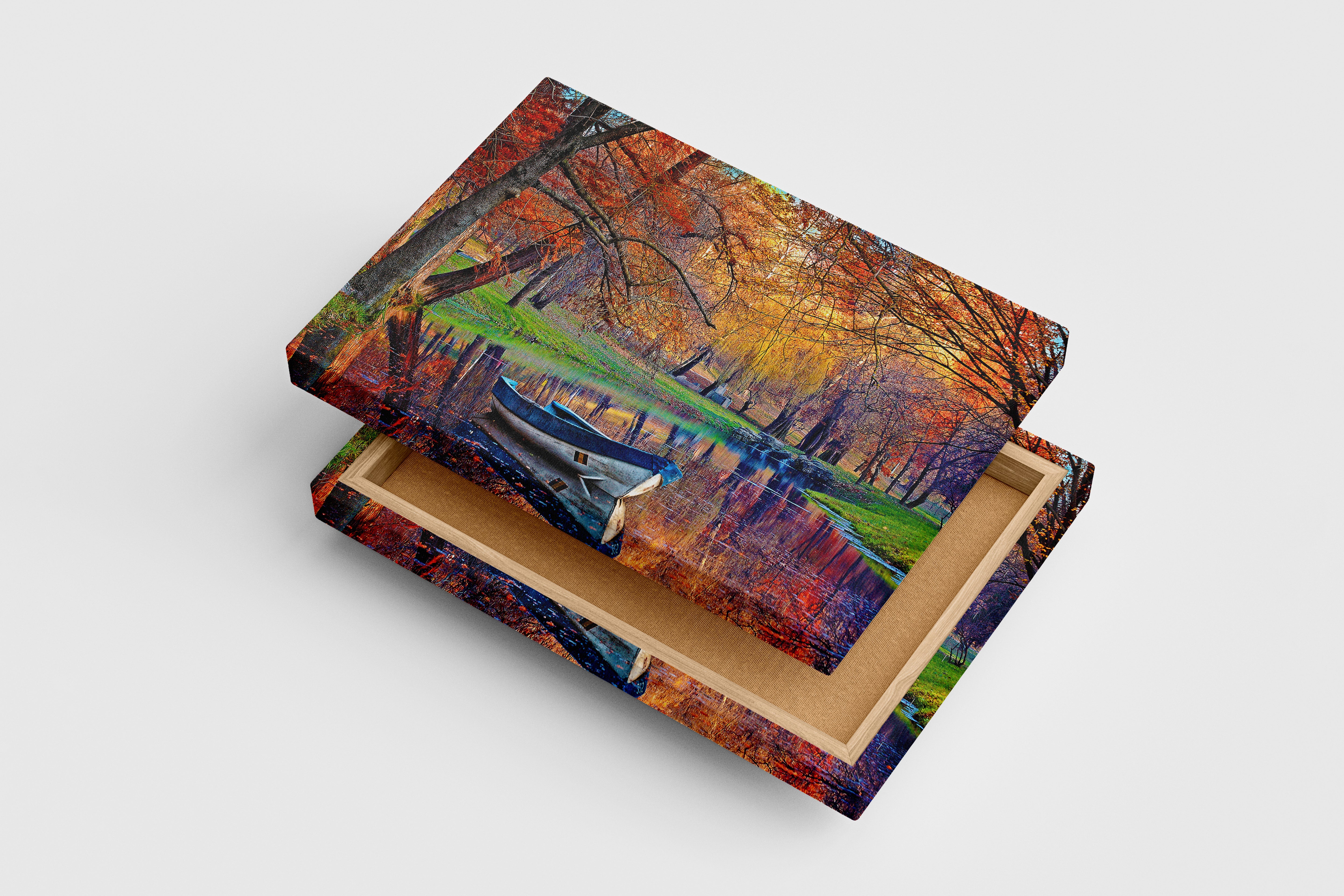 a small boat on a calm river reflecting vibrant autumn colored trees, view, art, kanvas tablo