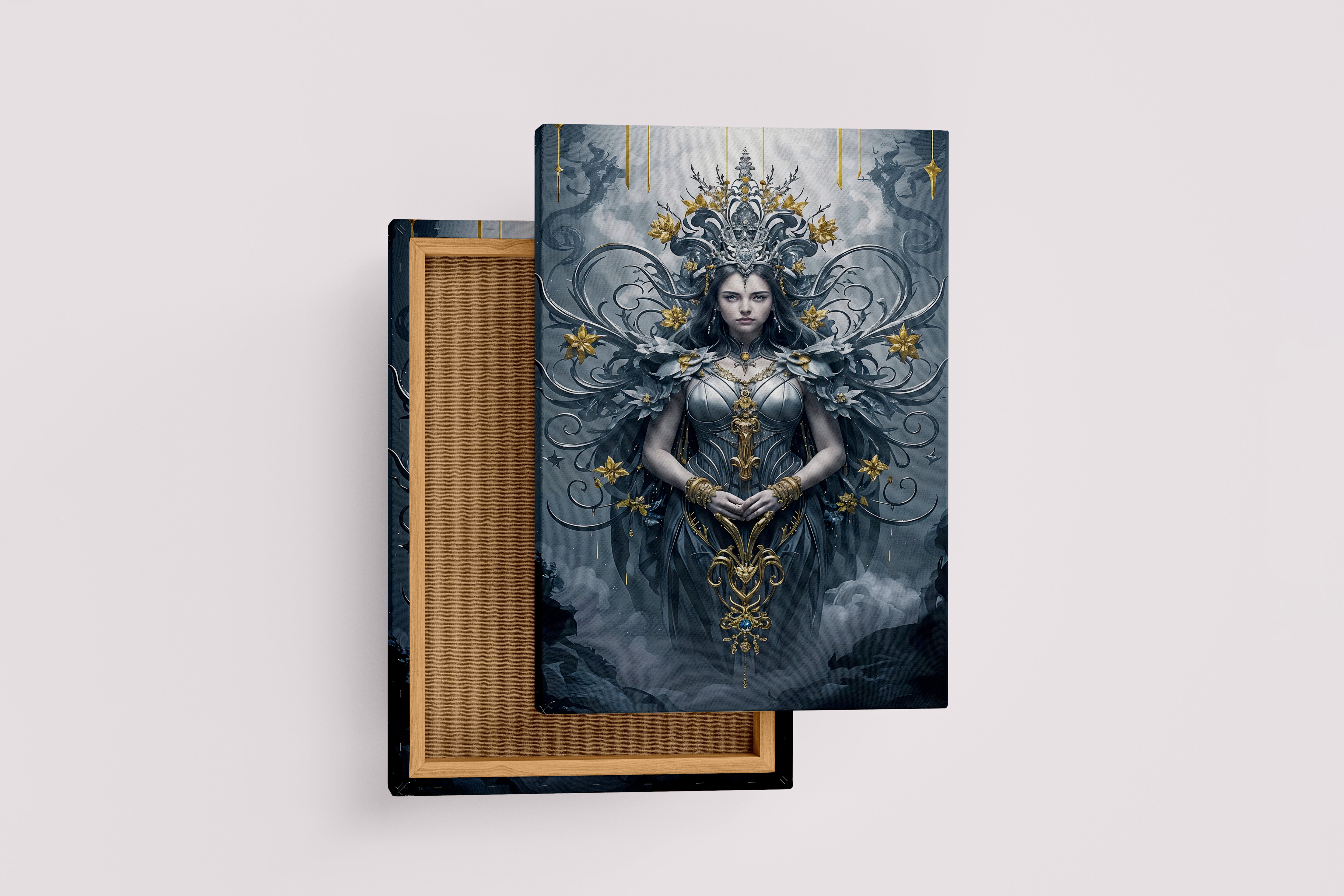 ai creation, a dark goddess in intricate silver armor with ornate gold filigree details, ai art, art, kanvas tablo