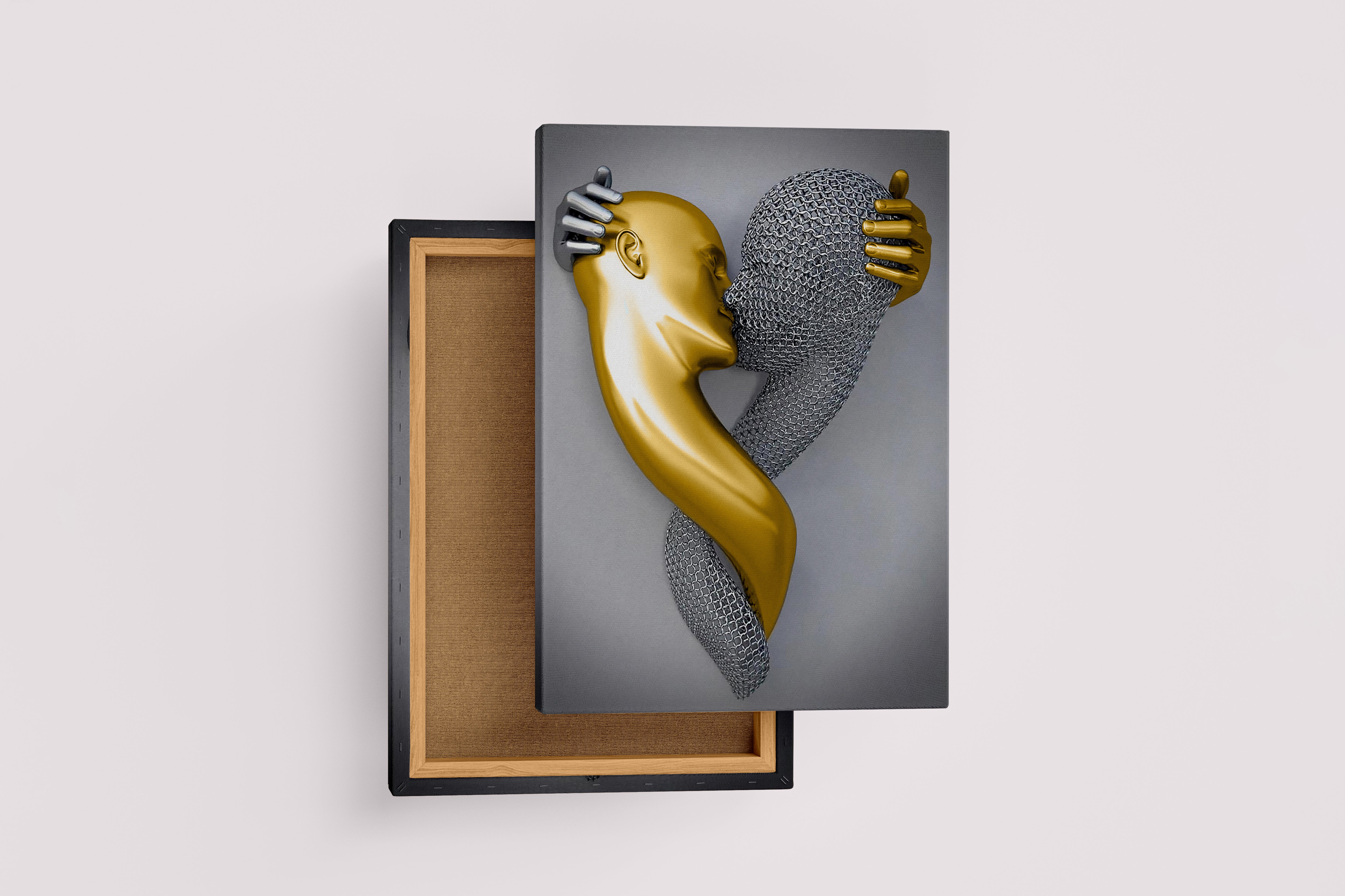 an abstract heart-shaped sculpture of a gold and a chainmail figure embracing model 1, art, kanvas tablo